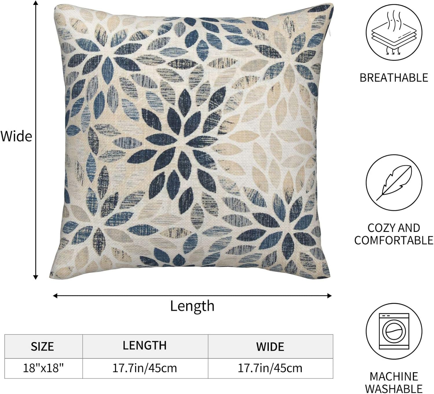 Dahlia Pillow Covers 18x18 Inch Set of 2 Summer Rust Geometric Flower Outdoor Decorative Throw Pillows Farmhouse Navy Blue Pillow Case Linen Square Cushion Cover for Home Sofa Bedroom Living Room - Image 3