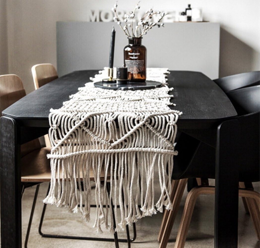 LEEVAN Handmade Macrame Table Runner Gorgeous Handwoven Wedding Table Decoration Wedding Table Runner with Long Tassels Bedroom Art Decor