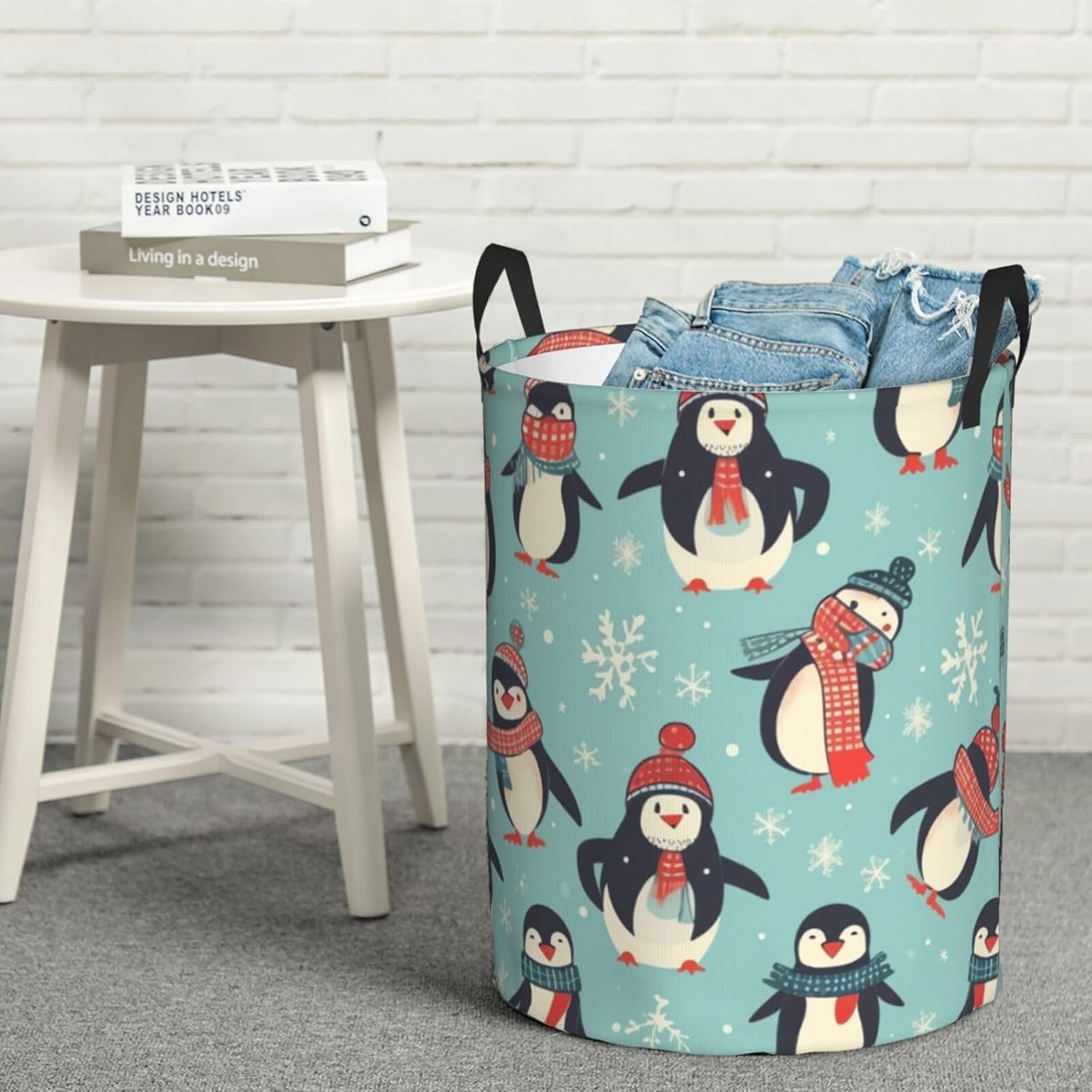 Winter Christmas Penguins Laundry Basket With Handles, Foldable Laundry Hamper Oxford Cloth Dirty Clothes Basket Waterproof Clothes Toys Storage Bin Organizer for Bedroom Bathroom Dorm