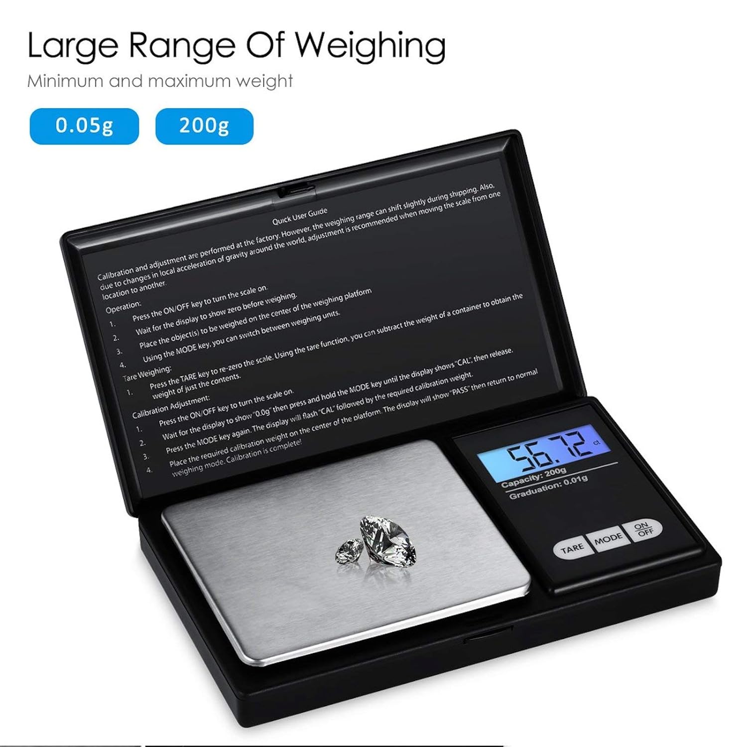 Image showing the LUPO Digital Pocket Scale with text indicating a large weighing range from 0.05g to 200g.