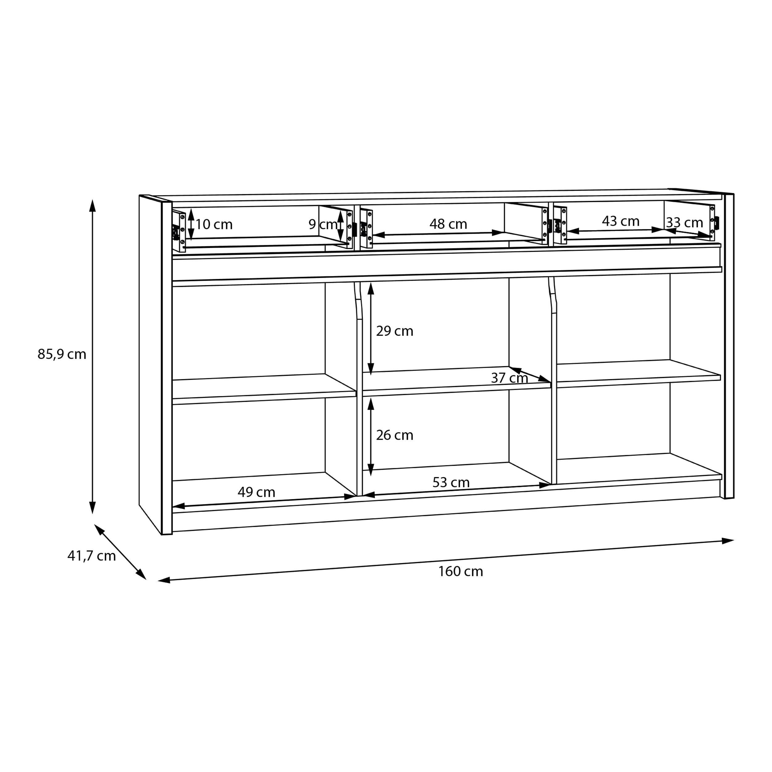Forte Oak SQUERE Sideboard 160, Elegantes Sideboard mit 3 Türen, Beleuchtung und Lamellendesign, Holzwerkstoff, Mauvella Eiche Dekor/Sand, 160 cm breit x 85,9 cm hoch x 41,5 cm tief