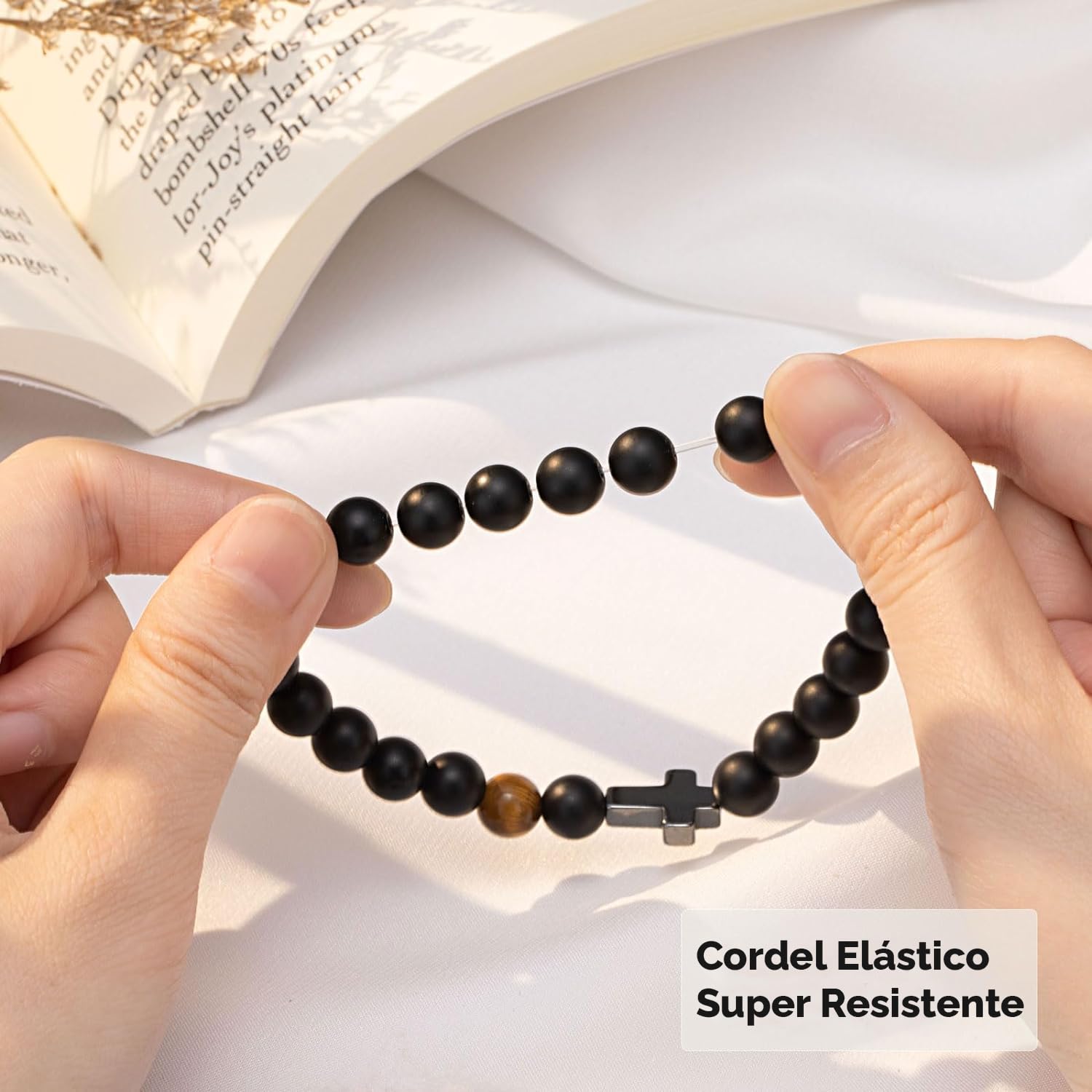 Pulsera Cruz Comunión Niño Piedras Naturales Ajustable Primera Comunión