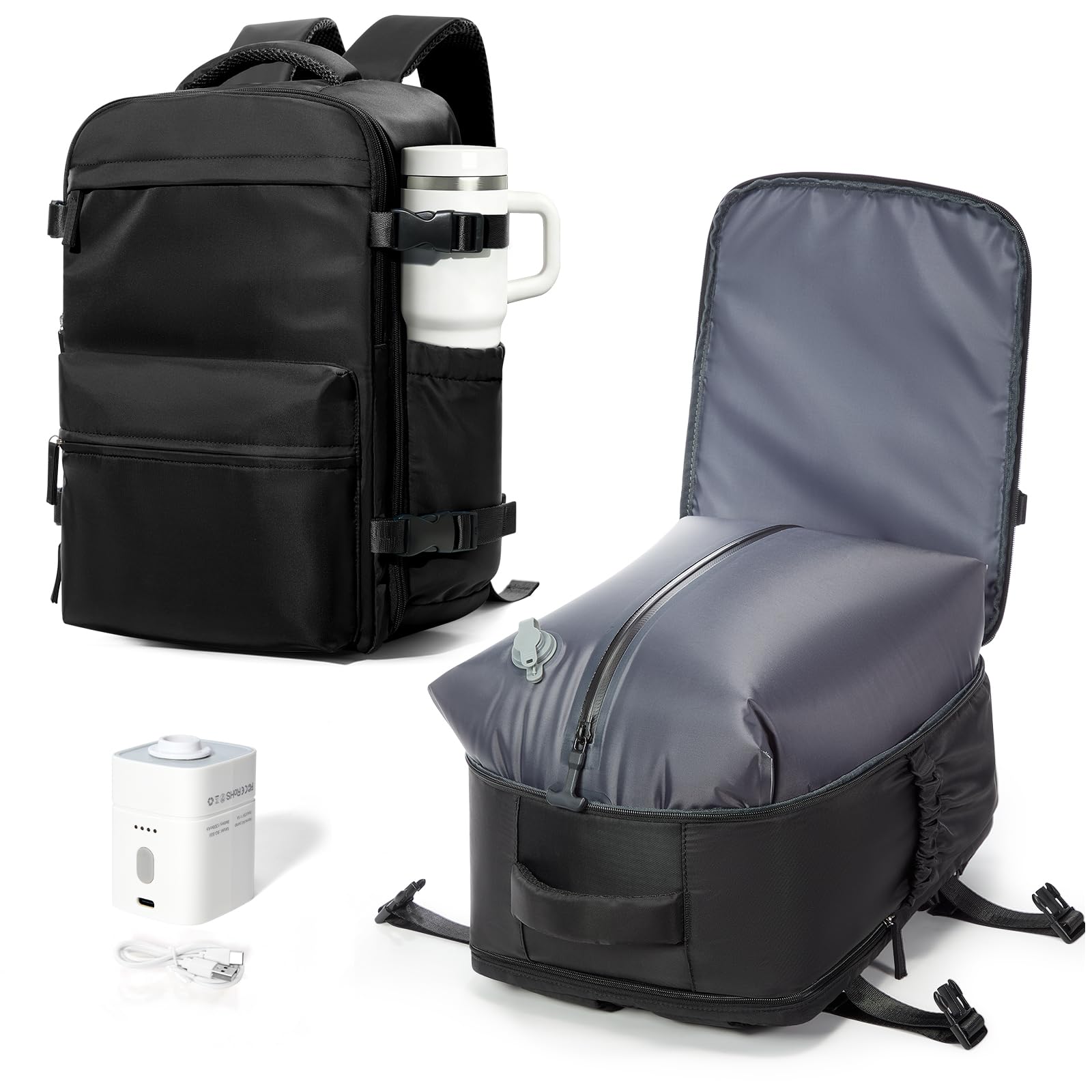 Mochila de Viaje al Vacío con Bomba - 40x30x25 cm (Cabina Ryanair) - Mochila de Mano para Avión con Portátil 14" - Impermeable - Unisex/Día - Equipaje de Cabina para Hombre y Mujer Negro