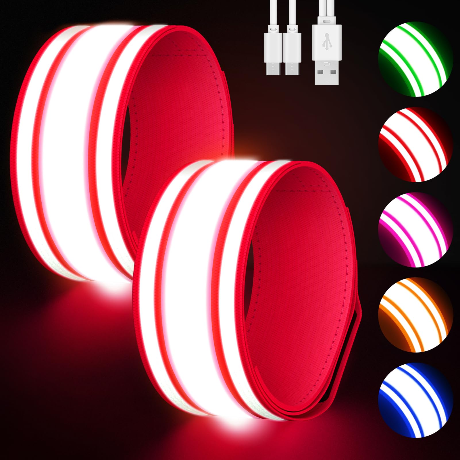 LED Bracciale Riflettente 2 Pezzi, Fascia Braccio Running, 5 Colori 3 Modalità Illuminazione Ricaricabile