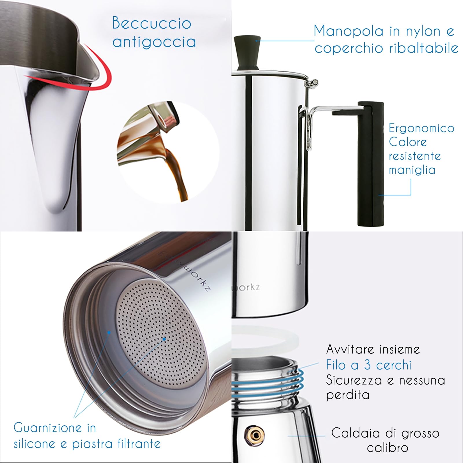 Easyworkz Pedro Caffettiera Italiana in Acciaio Inox per Cucina a Induzione, 300 ml, 6 Tazze