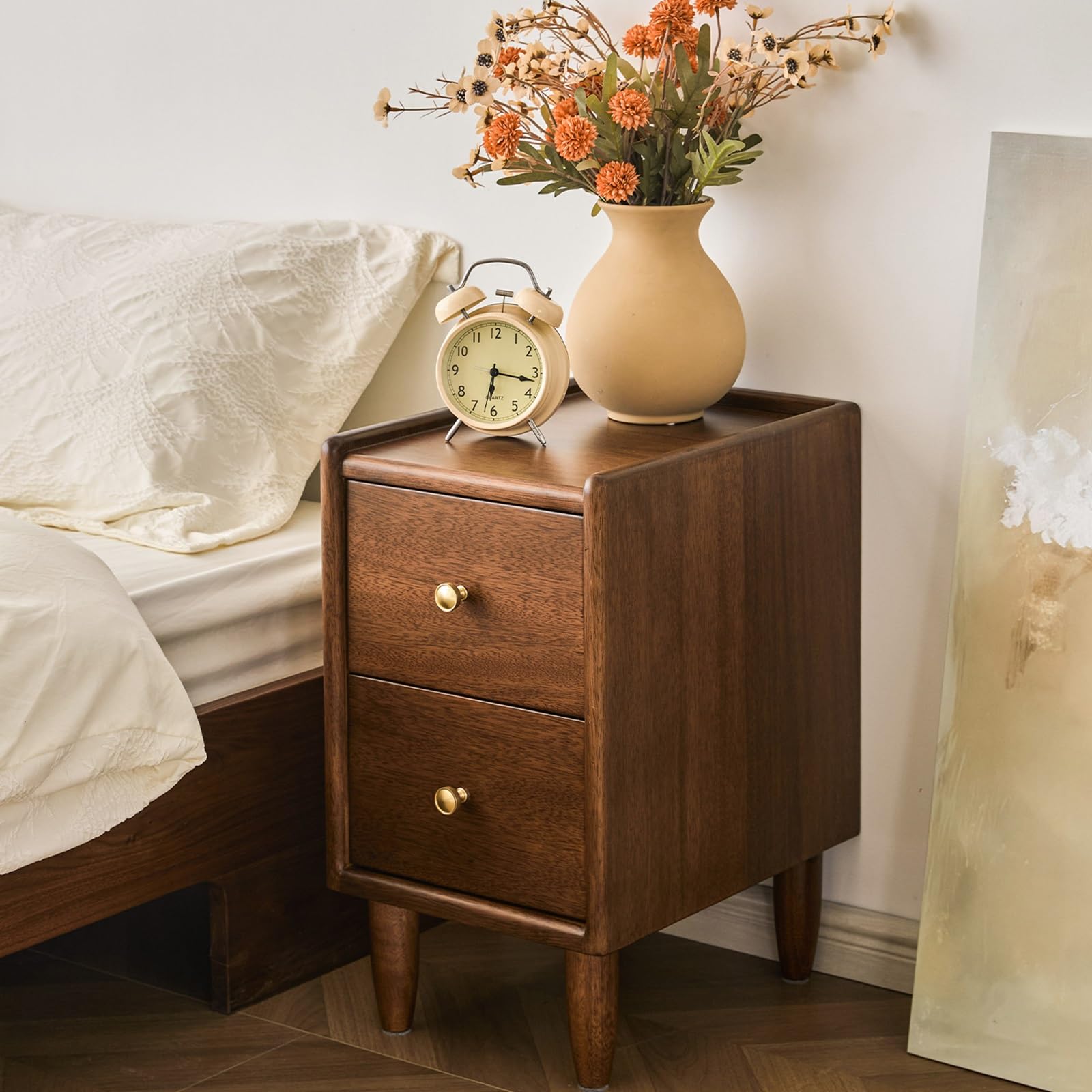 SXZenSpace Narrow Nightstand with 2 Storage Drawers Small Bed Side Vintage Bedside Table for Bedroom Dorm and Spaces