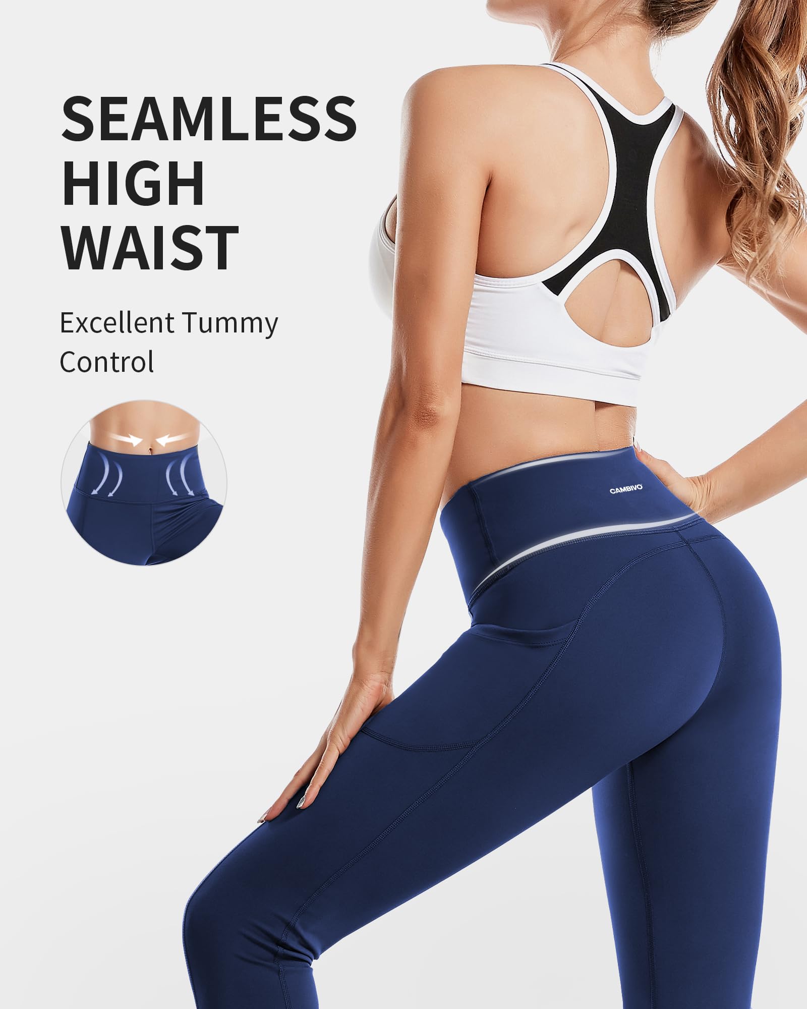 CAMBIVO Leggins Sportivi Donna, Leggins Push up a Vita Alta, Leggings Palestra Pantaloni Yoga Pants Elasticizzati Lunghi con Tasche per Fitness, Pilates, Sport, Gym, Running, Tempo Libero