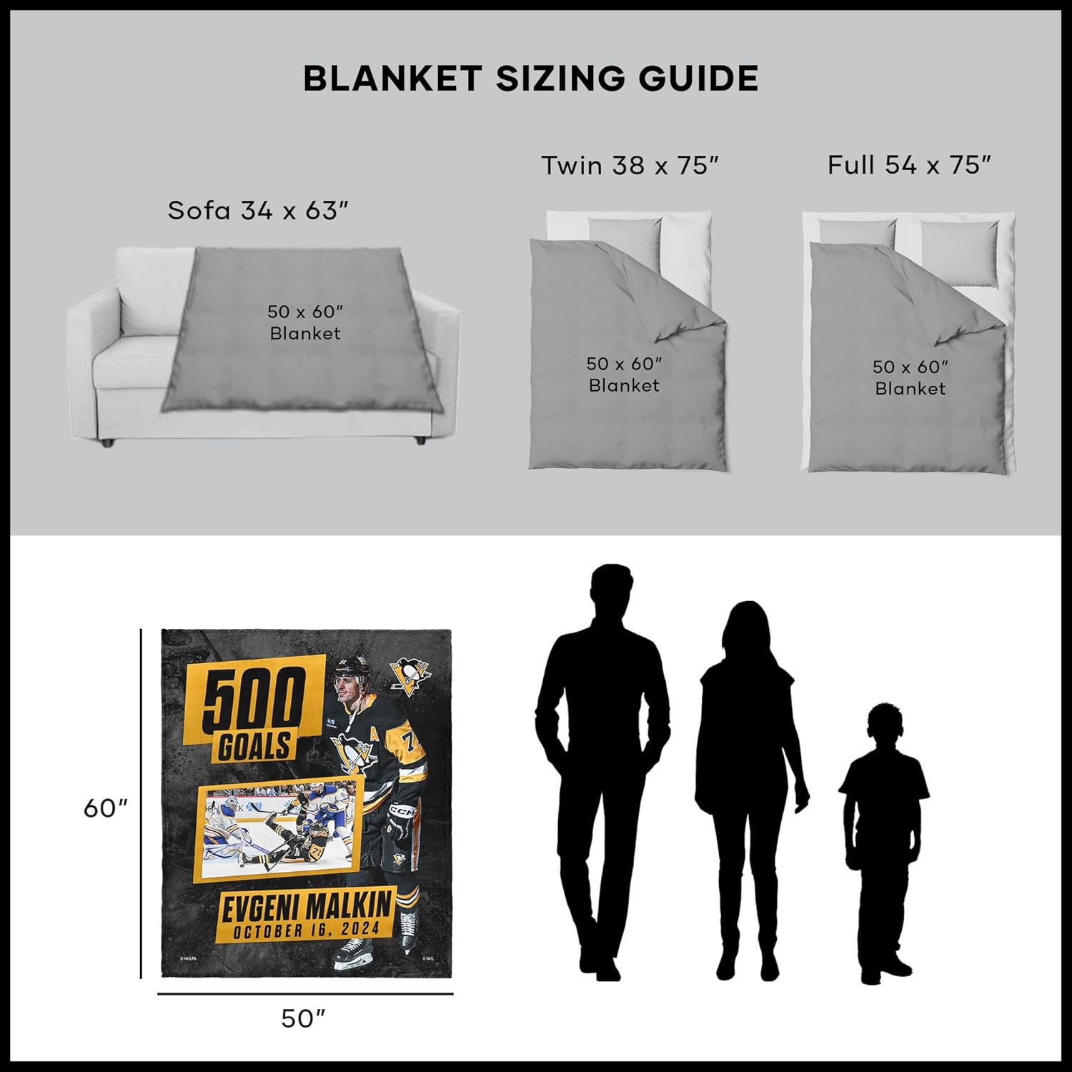 NORTHWEST NHL Pittsburgh Penguins, Evgeni Malkin 500 Goals, Silk Touch Throw Blanket, 50 x 60 Inches