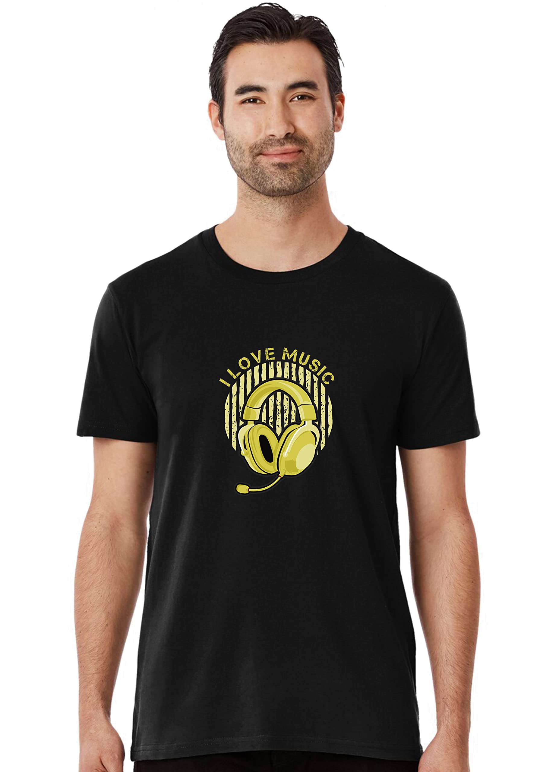 Music Headphone Yellow Printed Round Neck Men Cotton Tshirt