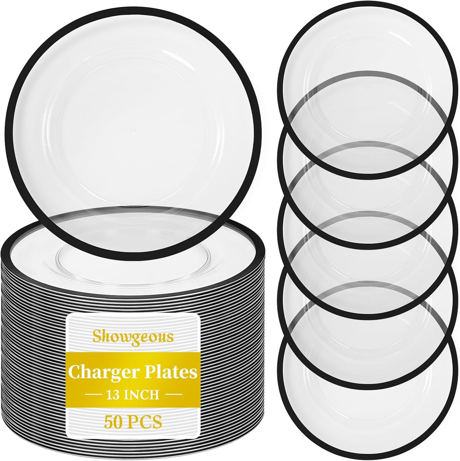 Showgeous 50 Pack Clear Charger Plates with Black Rim 13'' Heavy-Duty Disposable Plate Chargers for Dinner Plates Round Plastic Plate Chargers for Wedding Parties Dinner Table Serving Home Decoration