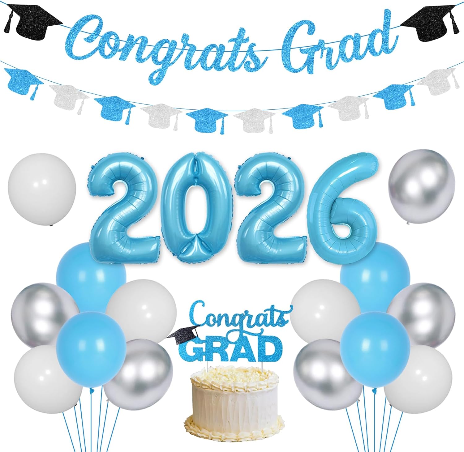 2026 Graduation Party Decorations, Sky Blue Class of 2026 Graduate Set - Congrats Grad Banner Cake Topper Bachelor Cap Garland Number 2026 Foil Balloons for High School College Party Supplies
