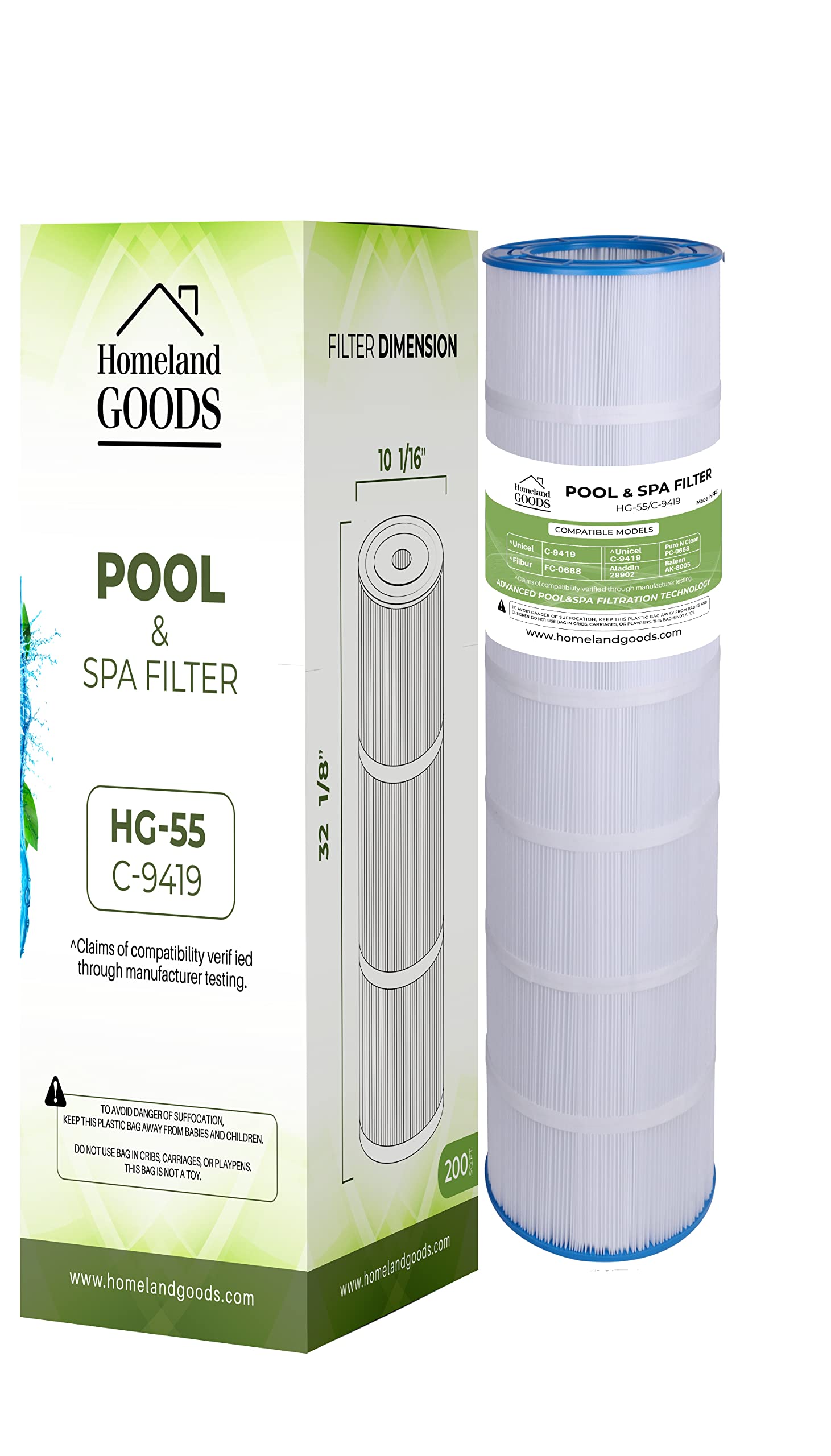 Homeland Goods PAP200 Pool Filter Replaces Pentair CC200, Unicel C-9419, Filbur FC-0688, R173217, 59054400, Aladdin 29902, Baleen AK-8005, Pure N Clean PC-0688, 200 sq.ft Filter Cartridge (1 Pack)