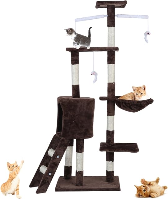 Cat Tree, 143cm Cat Scratch Posts Multi-Level Stable Cat Climbing Tower Cat Activity Trees with Ladder, Indoor Pet Activity Furniture Play House for Kitty Kitten