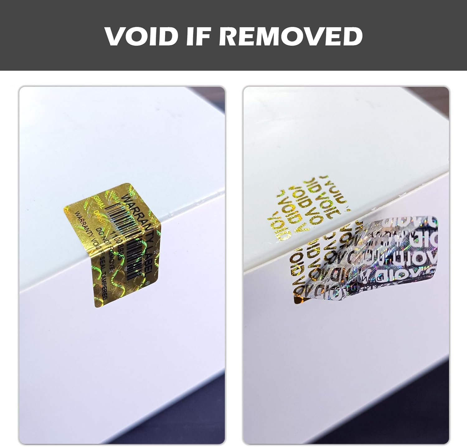 300pcs Tamper Proof Stickers Hologram Security Labels Genuine Warranty Seal with bar Code Unique Serial Number(1.2 X 0.6 Inch,Gold,GQYH) - Image 3