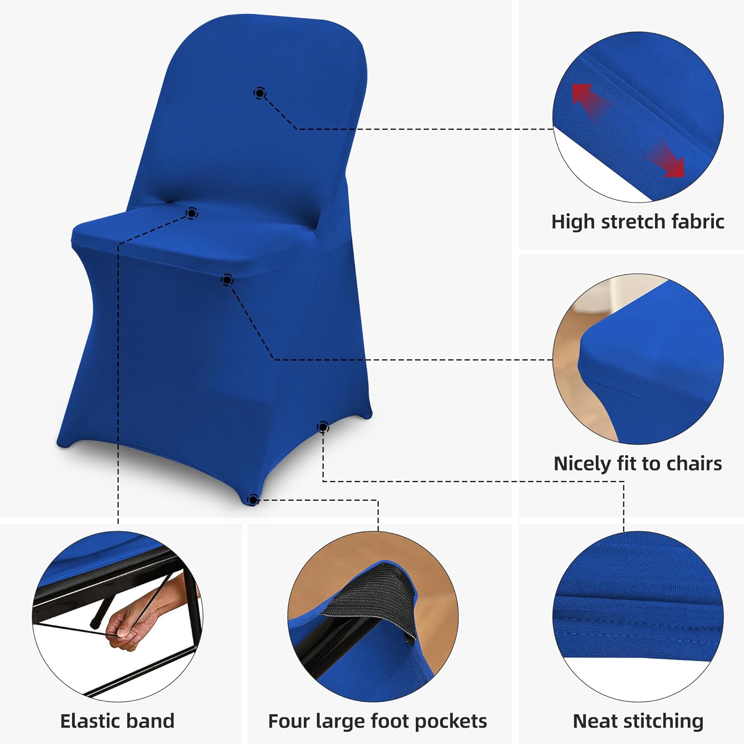 10 Packs Royal Blue Spandex Stretch Folding Chair Covers for Wedding Party,Universal Fitted Washable Dining Seat Slipcovers Protector Decoration for Holiday Banquet Celebration Event