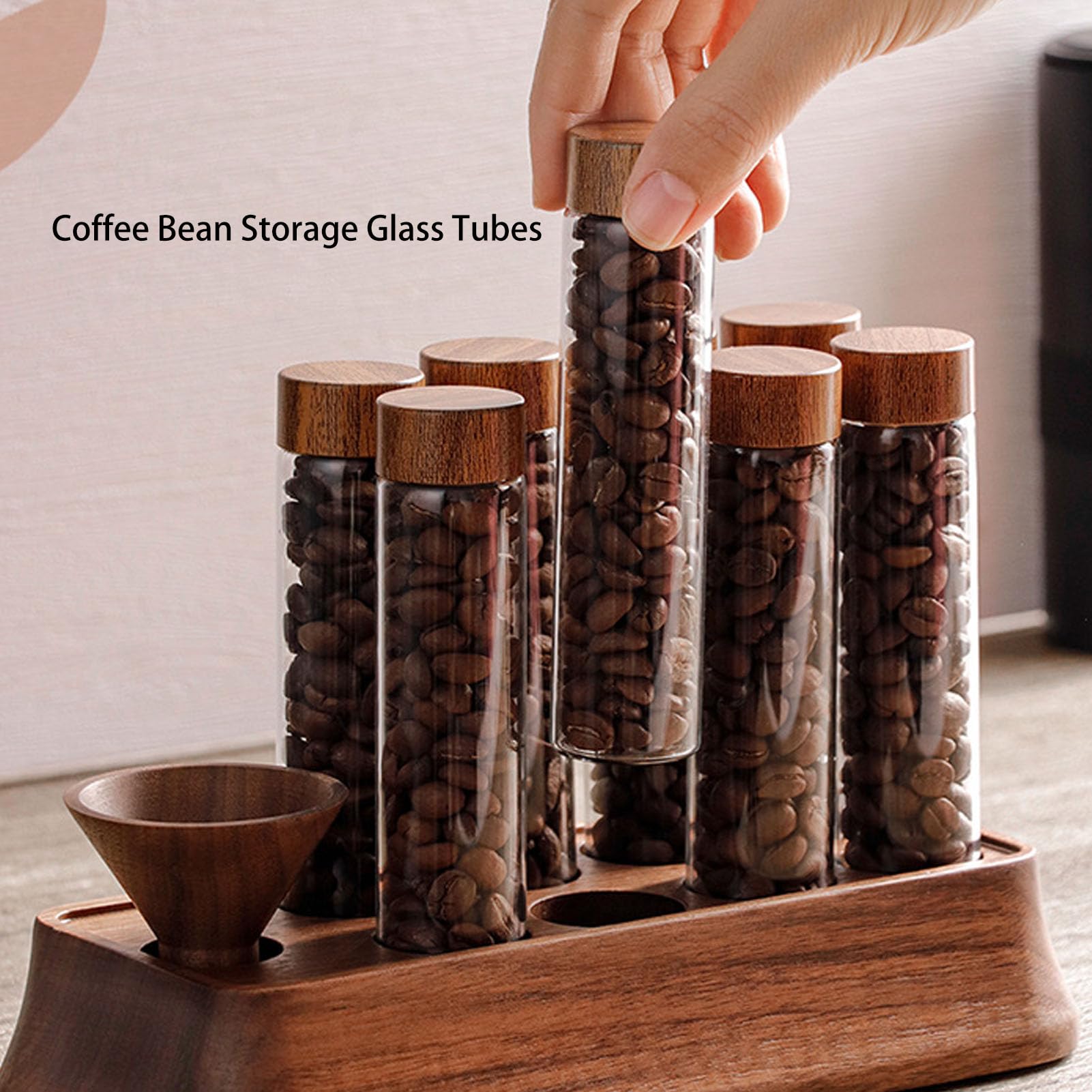 Fockety Einzeldosis -Kaffeebohnen -Lagerrohre, Kaffeebohnen -Lagerrohre mit Walnuss -Holzständer, Luftdichte 8pcs -Röhrchen Glas Dosierungsablöhre Kaffeebohnenkeller für Home Shop Bar