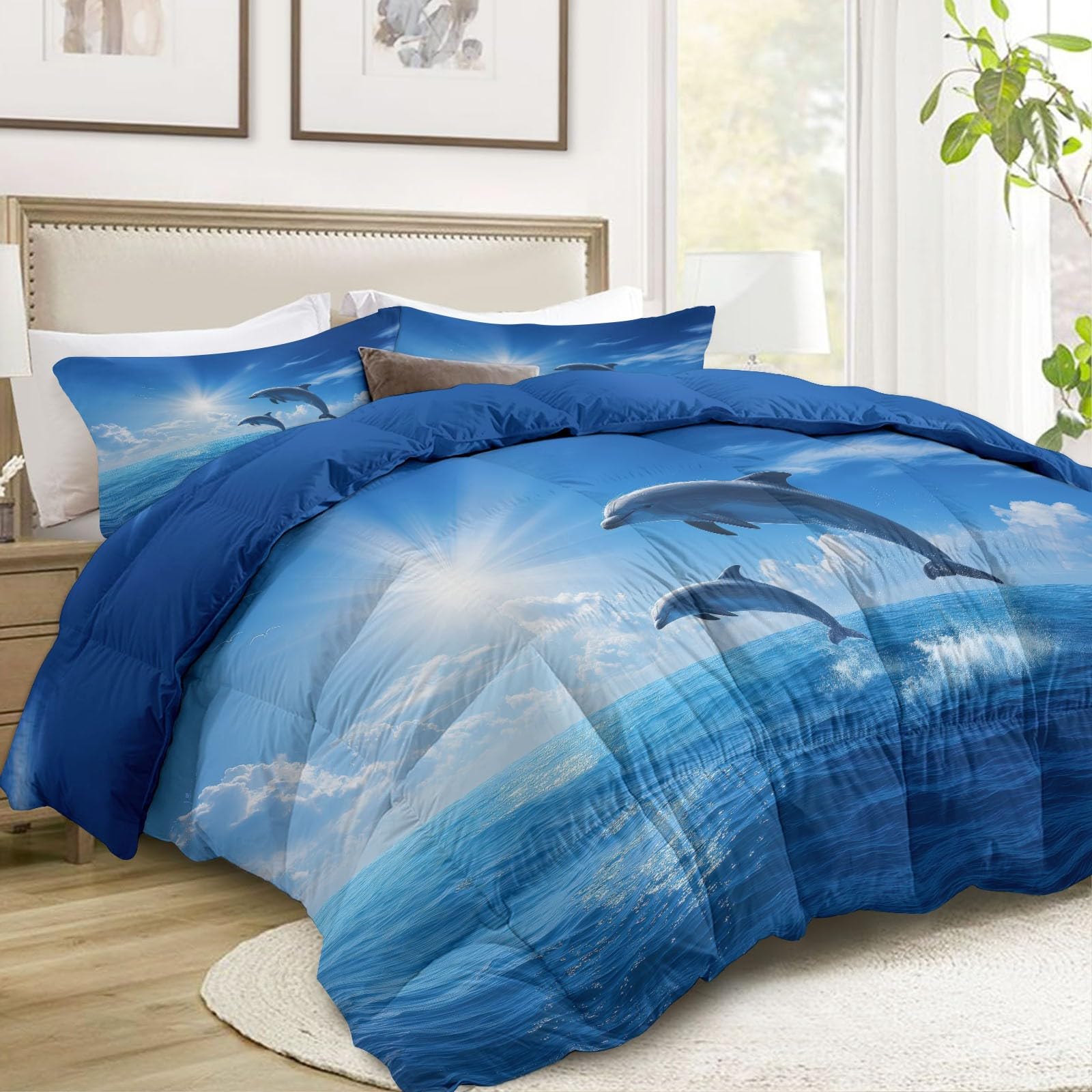 Couette sans Océan Housse Bleu, Couette Imprimée 2 Personnes Réversible 4 Saisons Nature Animaux Dauphin Edredon 200 x 200 cm - Parure de lit pour Ados Garçons Adultes avec 2 Taies d'oreiller
