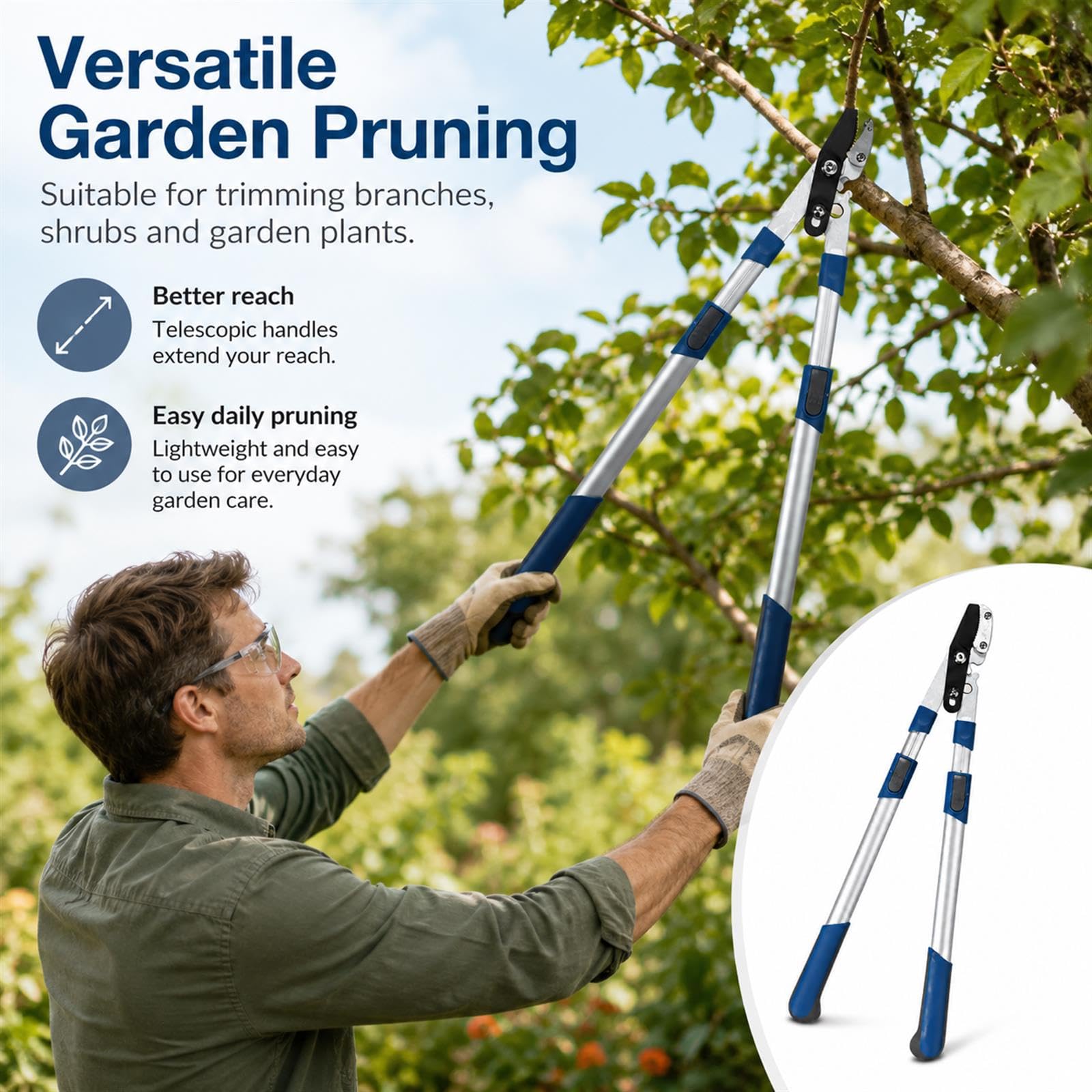 GOOGO Sécateur télescopique 68-93 cm, robuste, avec lames en acier au carbone SK5 et revêtement antiadhésif en téflon, poignée extensible, pour l'élagage des branches épaisses