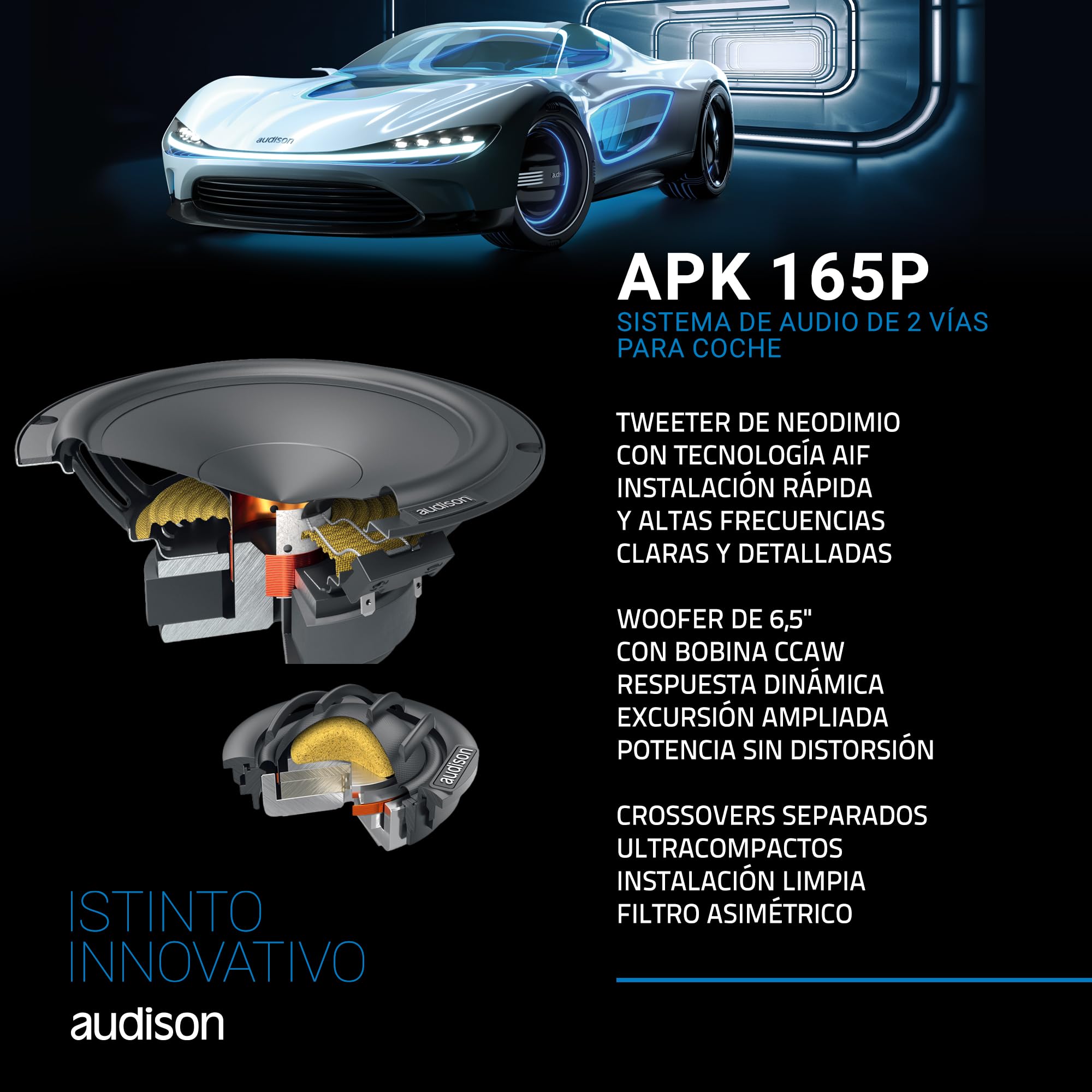 Audison APK 165P kit de 2 vías 165 mm, 345 W | tweeter Tetolon 29 mm, filtro incluido, 6,5 pulgadas, 115 W RMS, 4 Ohm, 89,5 dB