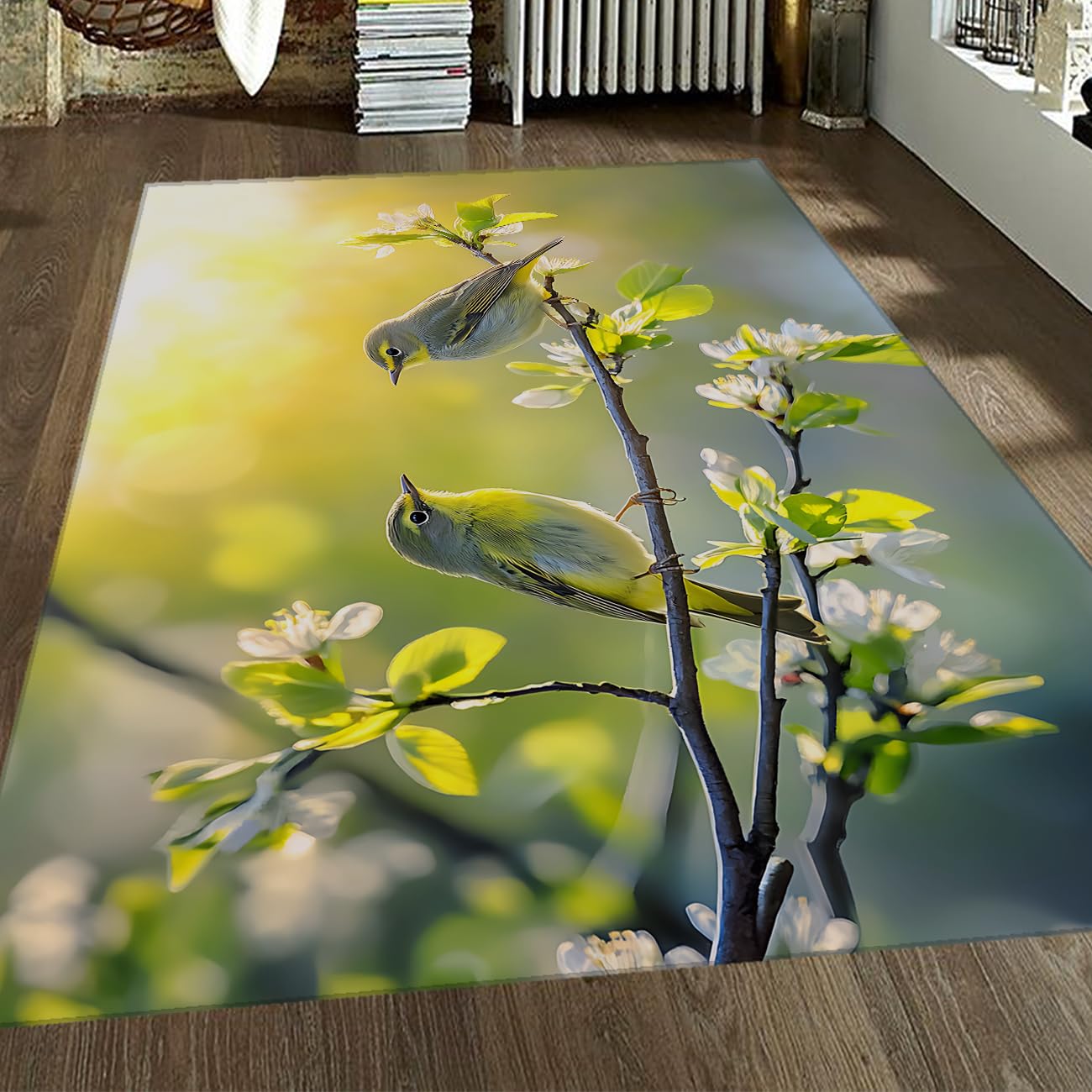 Tapis lavable salon aux oiseaux et fleurs pour une ambiance de nurserie sereine