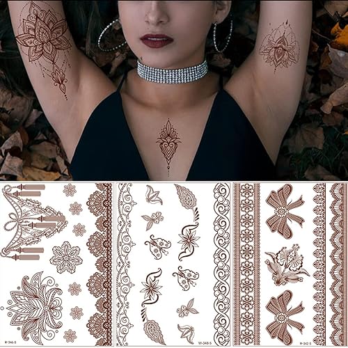 Miniatura 2 de Tatuaje temporal de henna marrón, tatuajes falsos de encaje, flores, mariposa, corazón, calcomanías de henna impermeables para mujeres y niñas,
