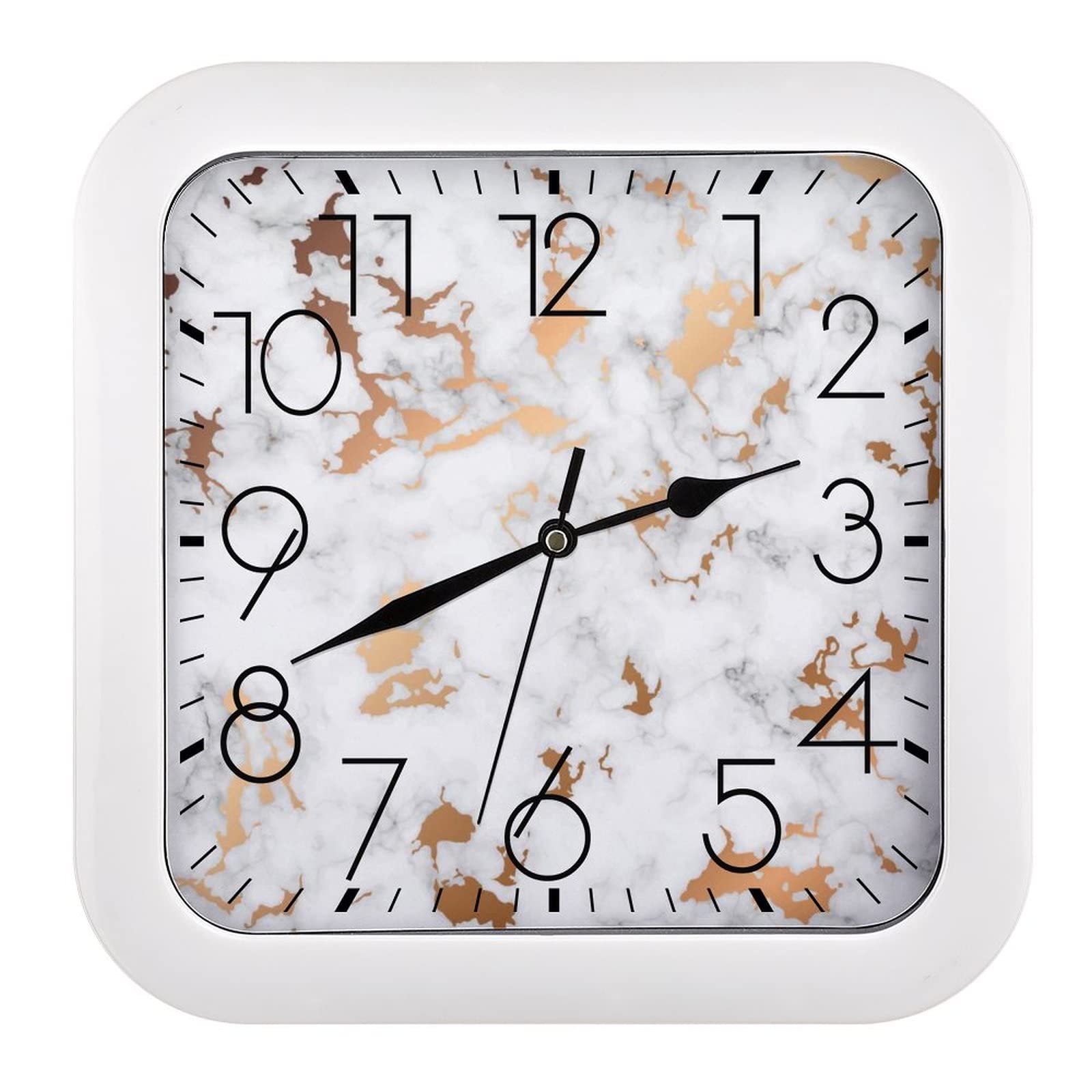 Horloge murale carrée marbre d'or blanc grands chiffres salon chambre 26cm