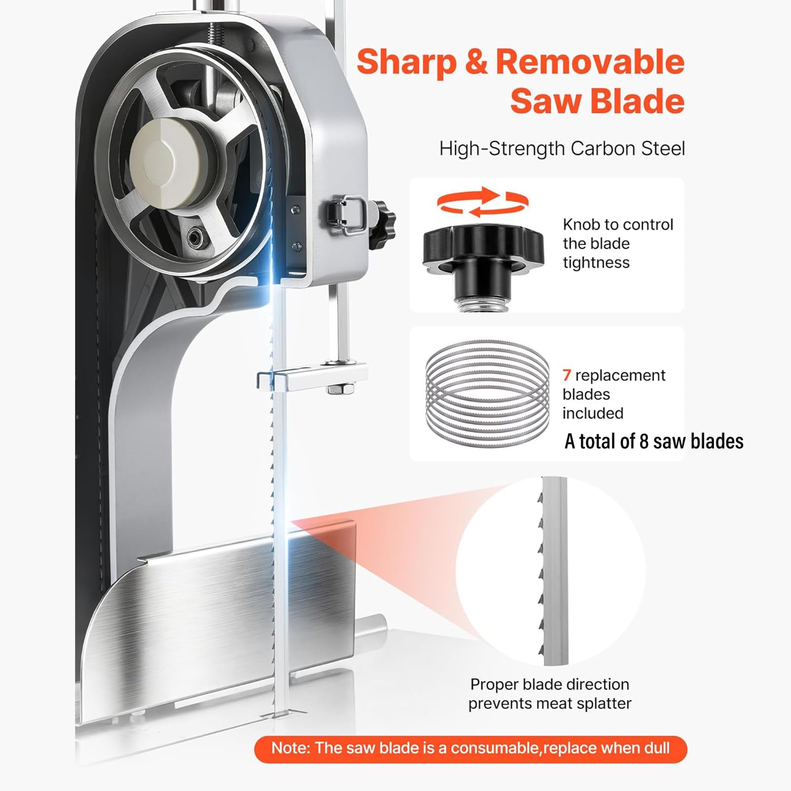 Sierra Eléctrica 1100 W Comercial para Huesos de Carnicero Sierra de Cinta para Huesos,para Carne y Huesos Congelados Mesa 44x31 cm,Espesor 0-13 cm para Carnicería, 8 Cuchillas
