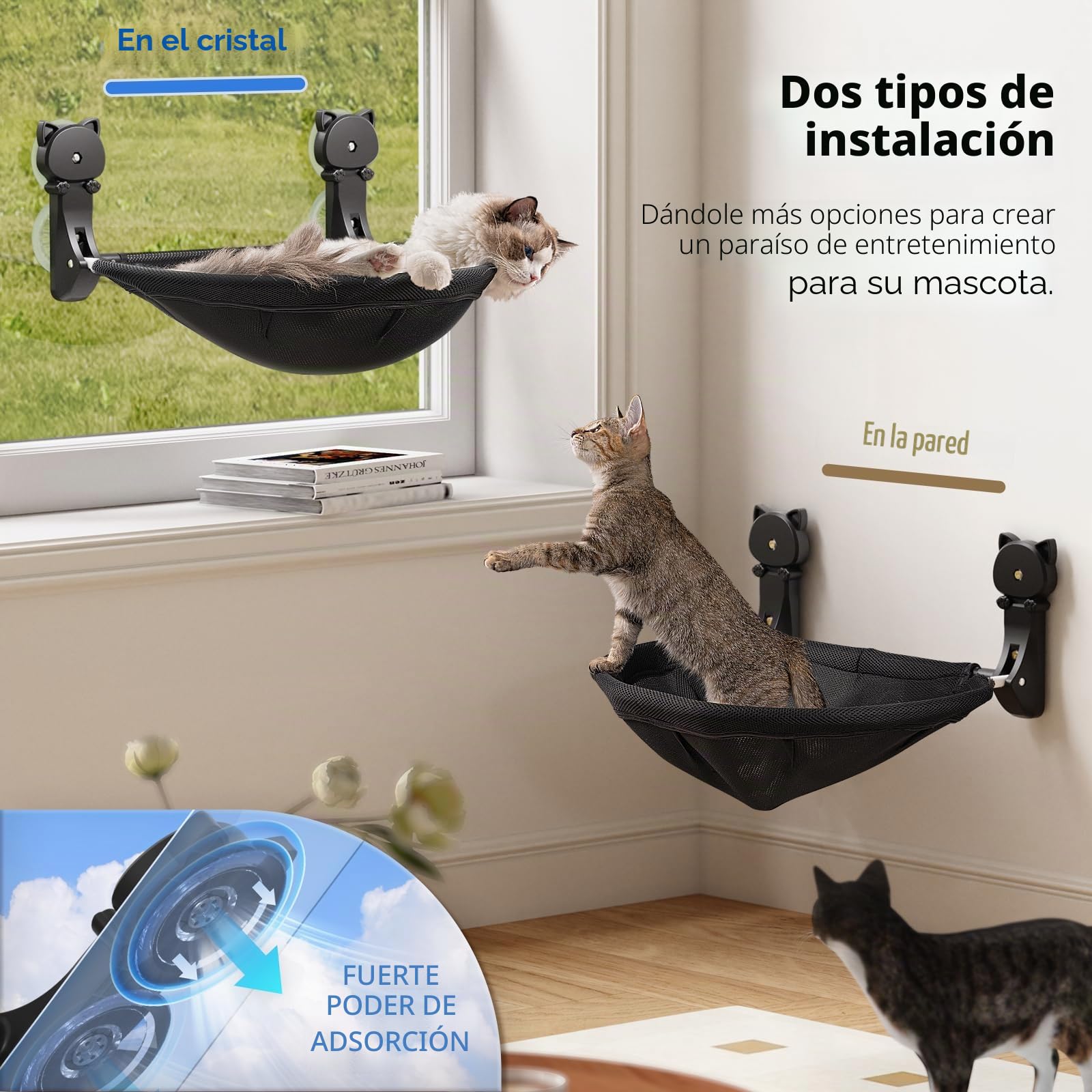 JUNSPOW Percha para Ventana de Gato inalámbrica, Plegable y Estable, Hamaca Transpirable con Ventana para Gatos para Pasar el Sol, Escalar, soporta hasta 40 Libras
