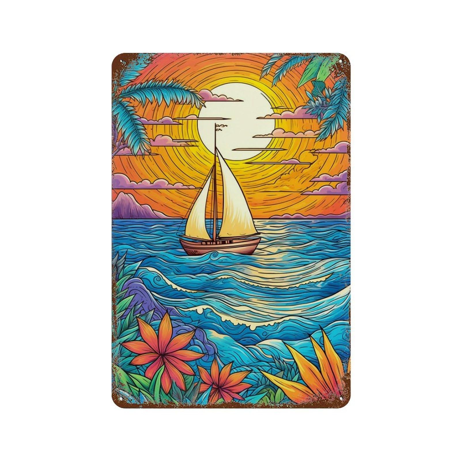 Tropical Sunset Sailboat 11.8"x7.9" Weathered Tin Sign, Shabby Chic Decor for Farmhouse, Kitchen And Entryway Decor