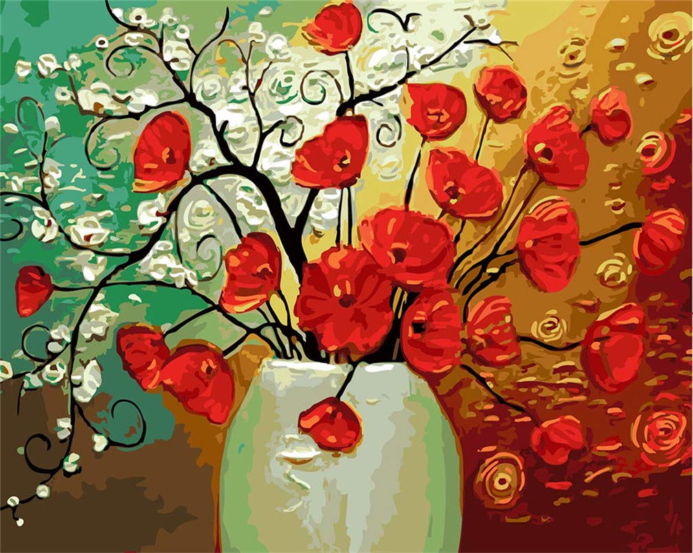 Amiiba DIY Paint by Numbers Kits, Poppies Flowers in Mason Jars 16x20 inch Acrylic Painting by Number Wall Art Crafts (Poppies, Without Frame)
