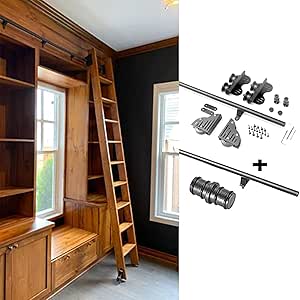 3,3-20ft schuifbare bibliotheekladder hardwarekit, met ronde buisrail/rail en vloerrolwielen, volledige set hardware (geen ladder), mobiele laddersporen voor thuis/binnen/zolder