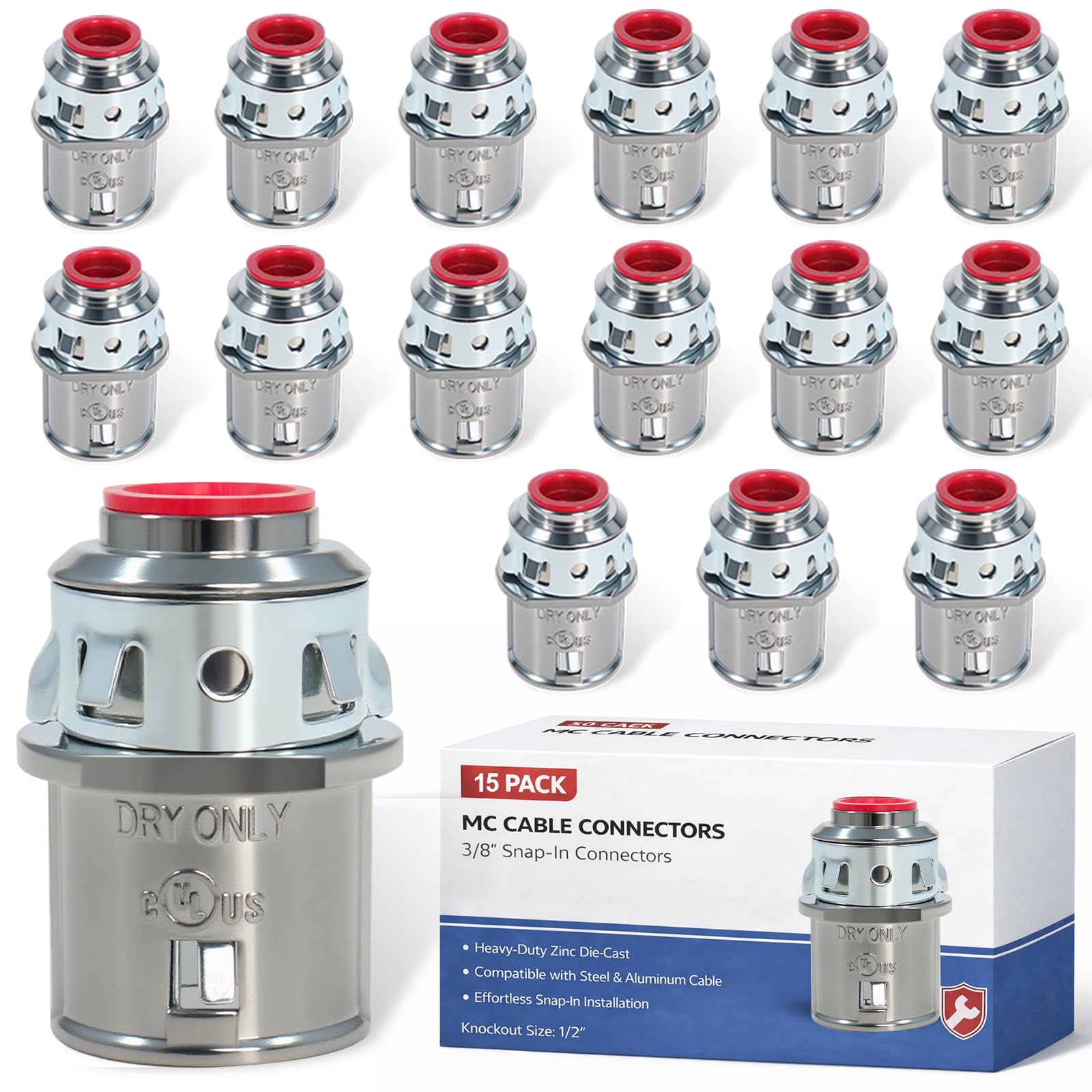 15 Pack MC Cable Connectors, 3/8" Snap in Connectors for 1/2" Knockouts