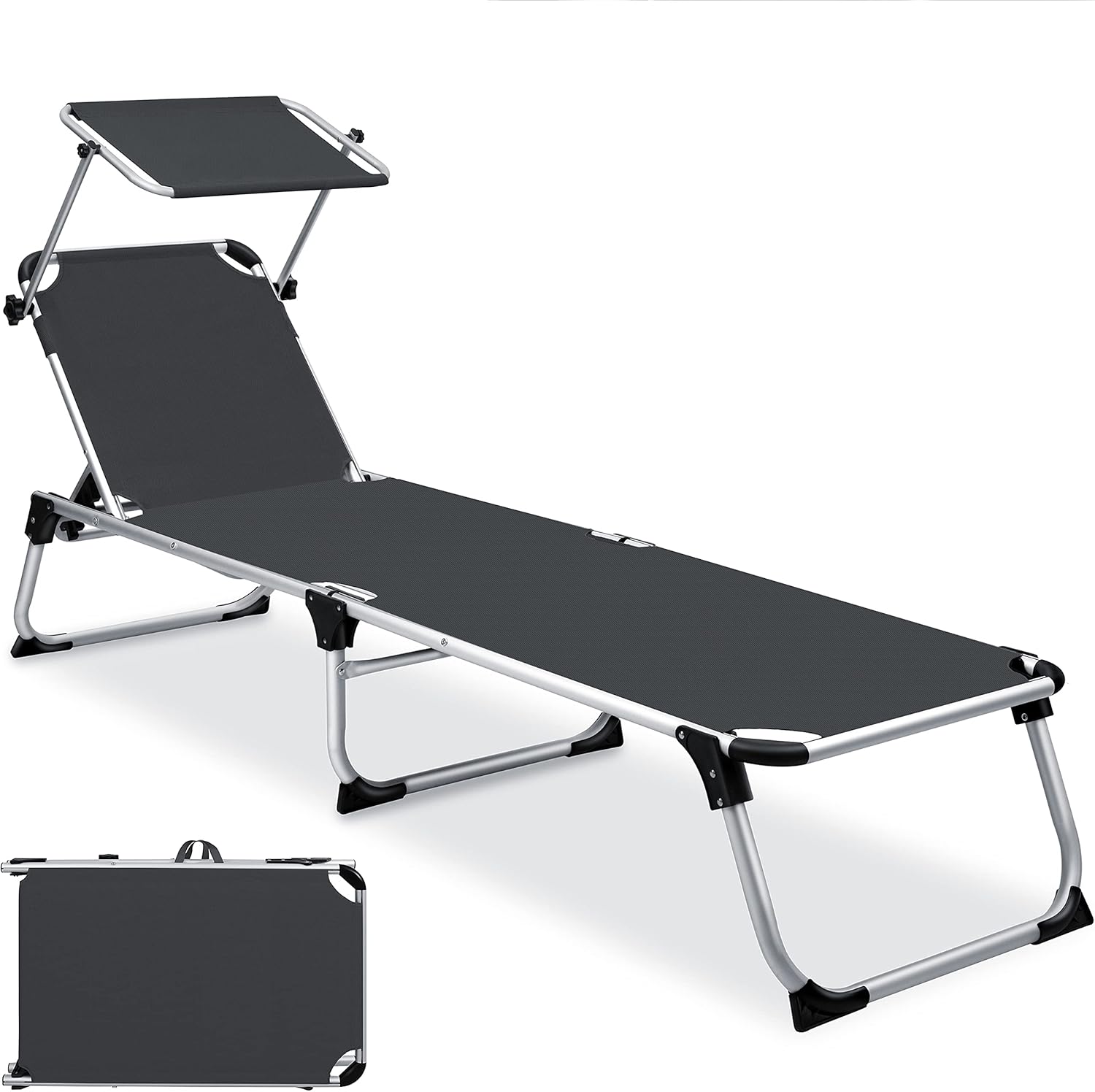 KESSER® Tumbona Sun con Techo Tumbona de jardín Plegable, Techo Solar, Respaldo Ajustable en 4 Niveles, ergonómico, Tumbona de Aluminio, Tumbona de jardín, Antracita