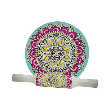 LAKSHVIKA Fashion Designer Chakla Belan Set Printed | Marble Roti Chakla & Wooden Belan | Traditional Kitchen Handcrafted Floral Chakla with Matching Rolling Pin (White With Navy Blue And Gold Floral)