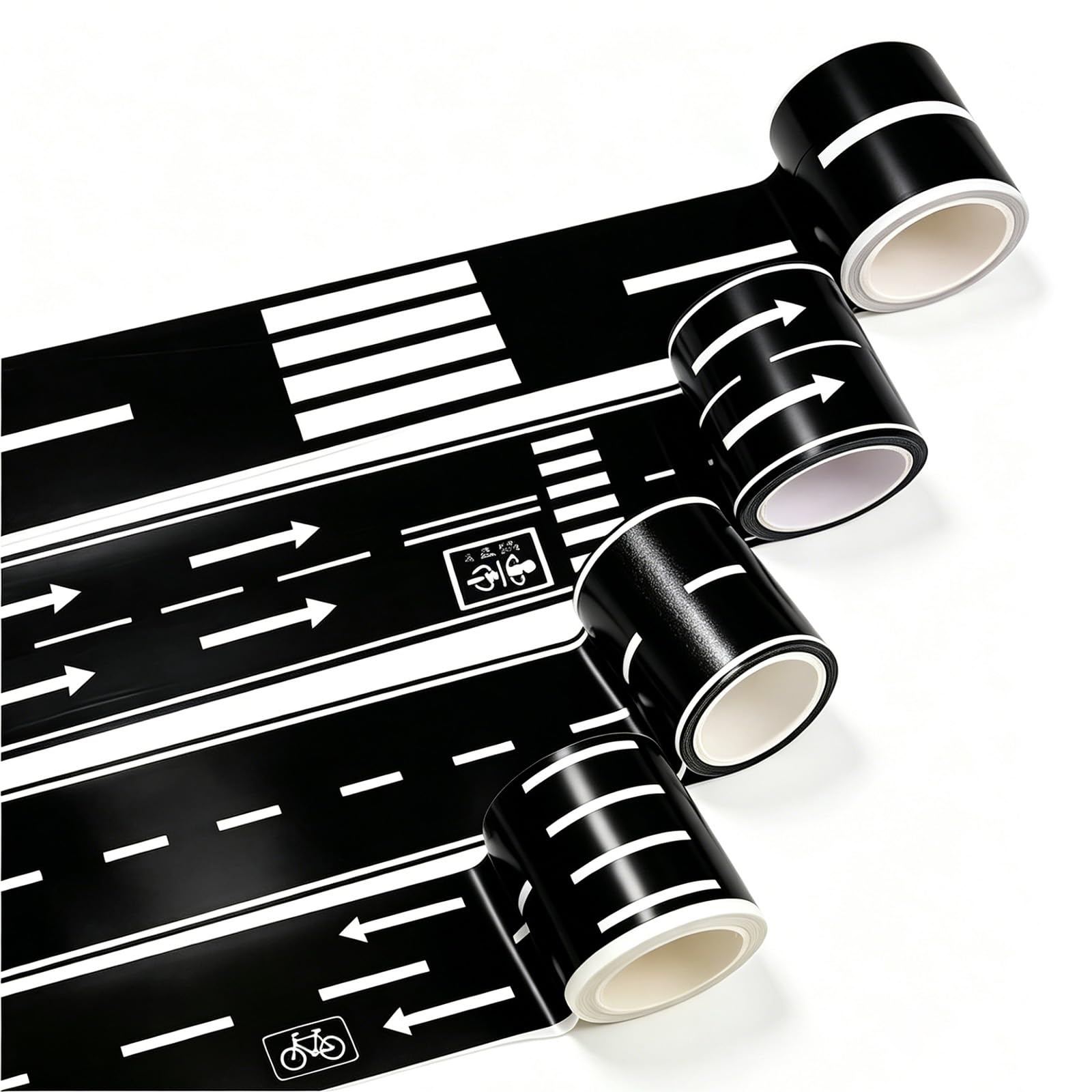 MAUDFEK 4 PCS Road Tape for Toy Cars, Creative Play Activities, Temporary Roadway Design, 4 Rolls Black Washi Tape for Indoor Surfaces