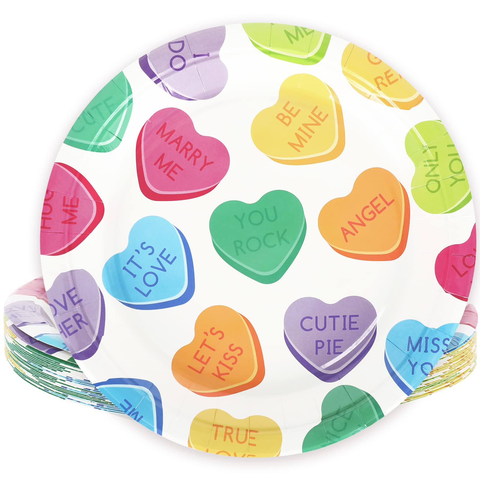 Whaline Valentine's Day Paper Plates Conversation Heart Round Disposable Plates 9 Inch Colorful Decorative Tableware for Valentine's Day Anniversary Birthday Wedding Party Supplies, 24Pcs