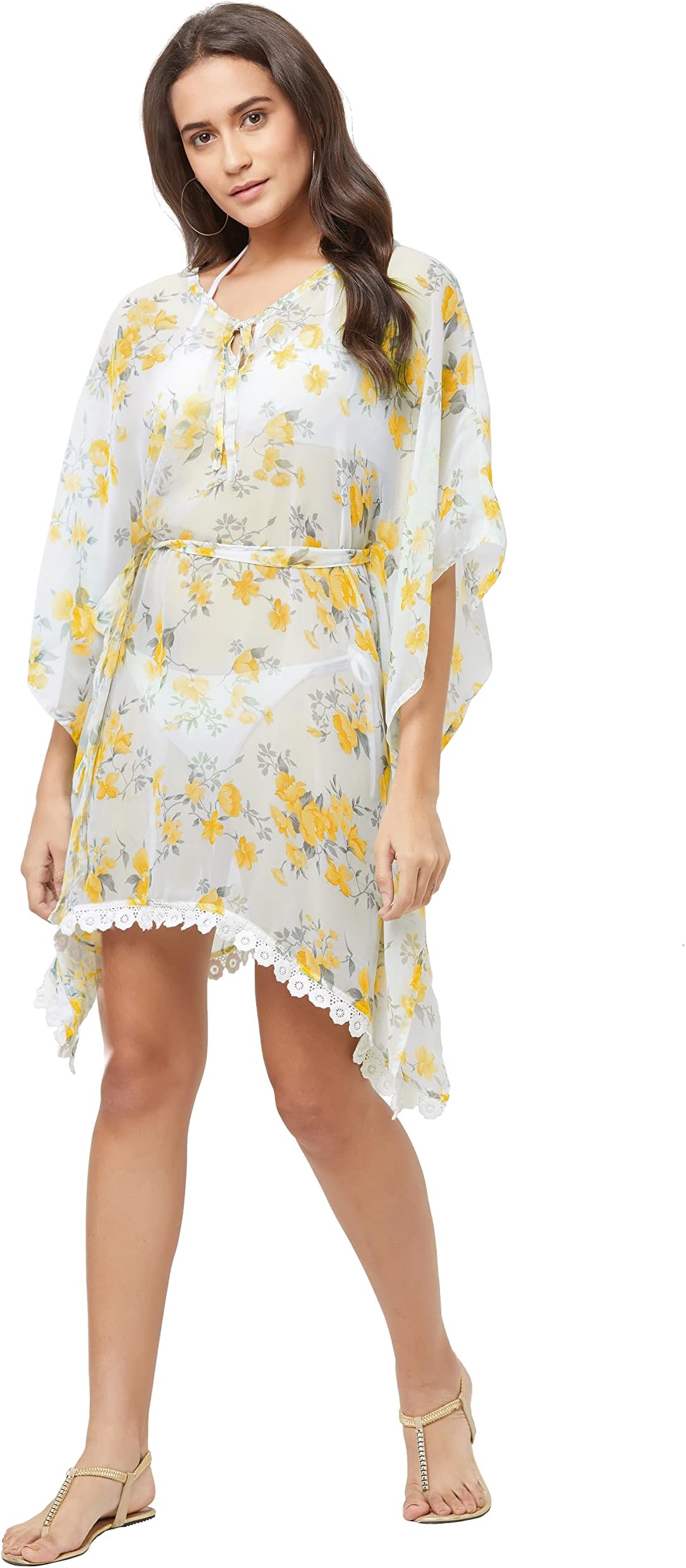 SOURBHWomen's Faux Georgette Floral Beach Wear Cover ups