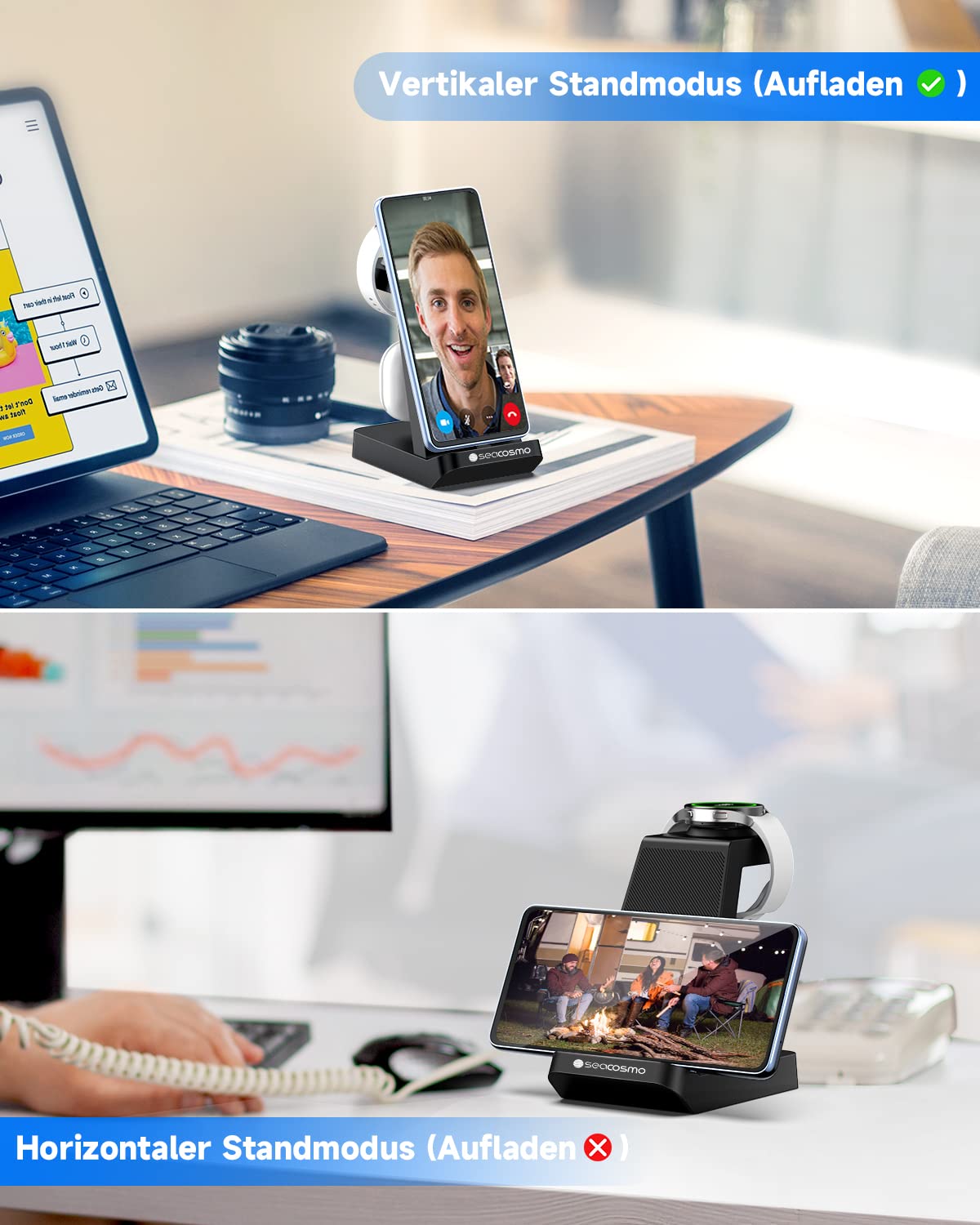 seacosmo Stazione di Ricarica per Samsung 3 in 1, Caricatore per A17/A16/A15/A55/A25/A54, Caricabatterie per Galaxy Watch 8/7/6/5 Pro/4/3, Supporto di Ricarica per Galaxy Buds