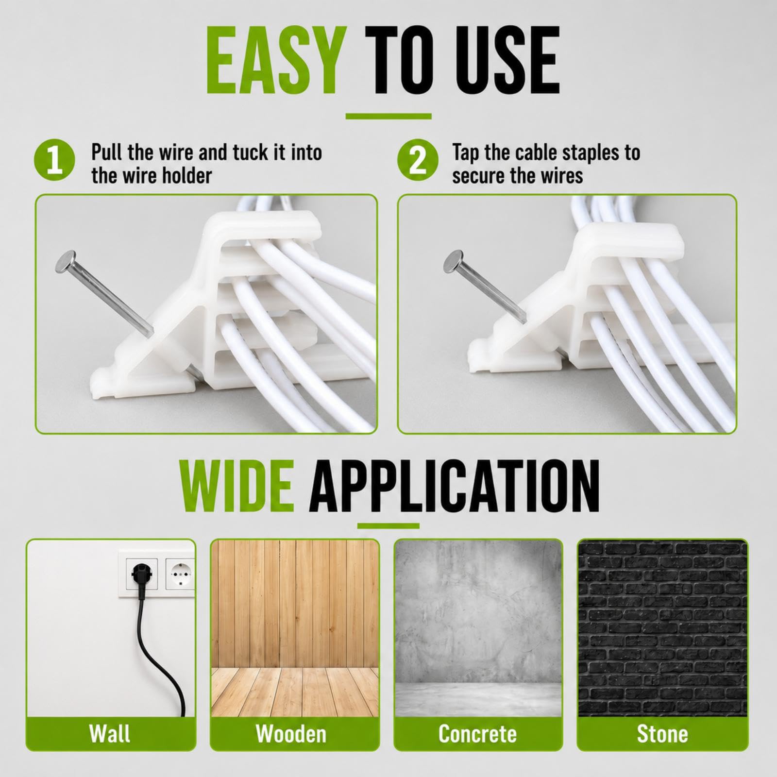 100 Pcs Cable Stacker Wire Staples, Plastic Clips with Nail, White — Amazon image 4
