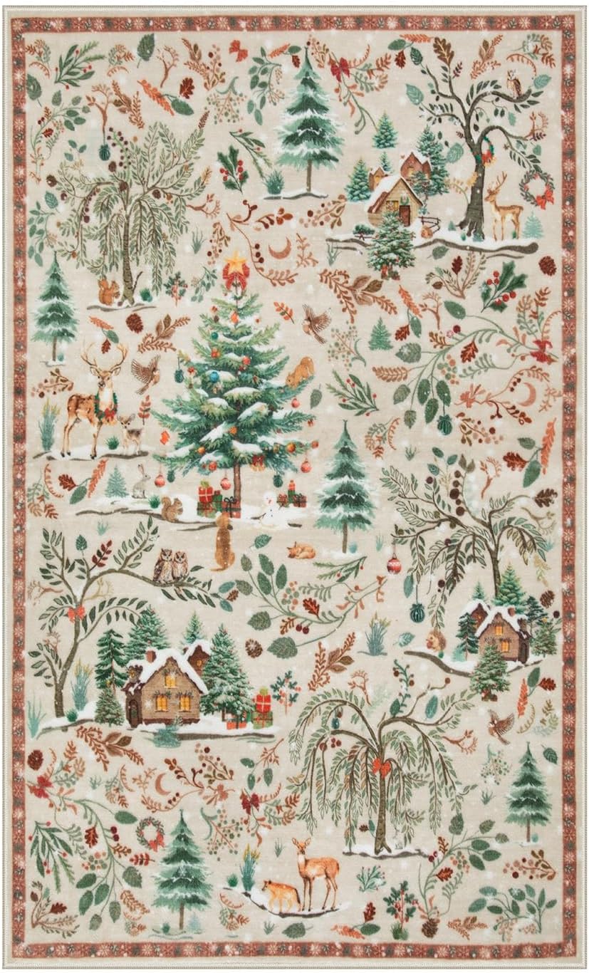Lahome Christmas Washable Rug 3x5, Non Slip Christmas Entryway Area Rug, Soft Xmas Living Room Throw Rug, Ultra Thin Indoor Floor Carpet for Kitchen Bedroom Holiday Decor, Beige