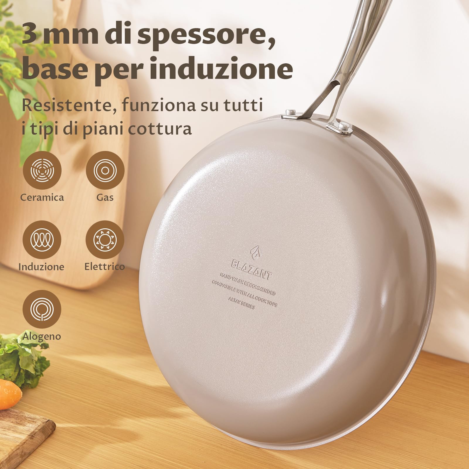 BLAZANT Set Padelle Induzione 3 Pezzi, Rivestimento Ceramica Senza PFAS, Fondo Molecolare Stabile, Manici Acciaio, per Cucina Sana e Cottura Quotidiana, 20+24+28 cm