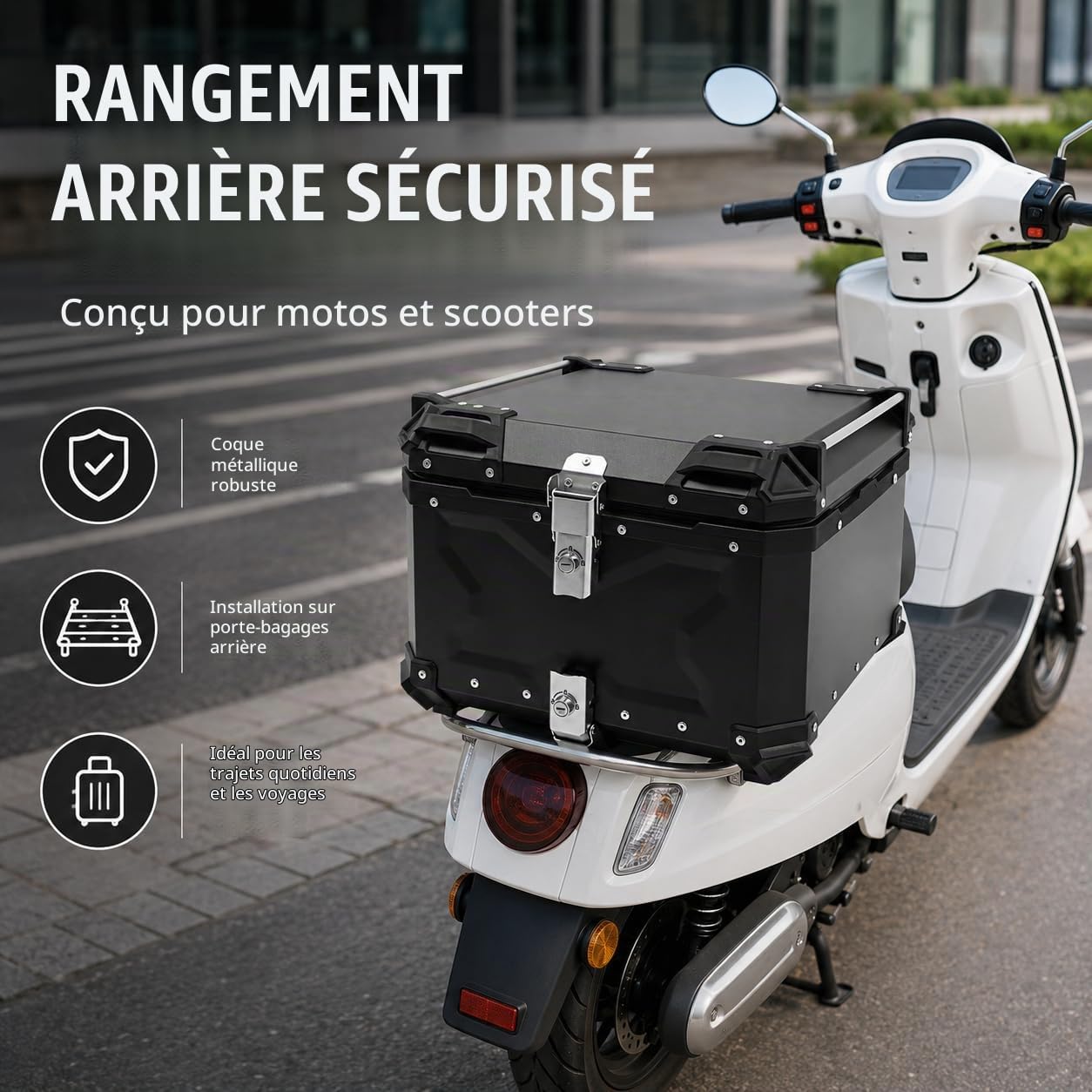 Moto Top Case Universel Boîte de Queue de Moto Coffres Motos pour Rangement Casques avec clé,Résistant à l'eau,pour Ranger Vêtements, Chaussures, Casques, Imperméables (55L)