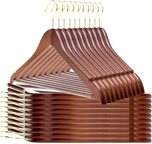 Perchas de madera de calidad Juego de 20 ganchos ligeramente curvados Perchas de madera maciza con elegantes ganchos cromados Ropa resistente