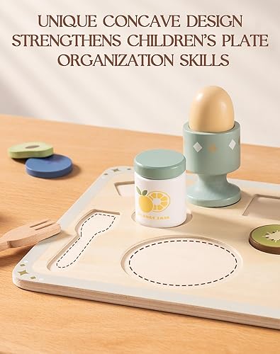 Miniatura 5 de ROBUD Juego de comida de madera de 31 piezas para niños, juguetes de cocina Montessori de avena de coco, platos educativos con accesorios para niños