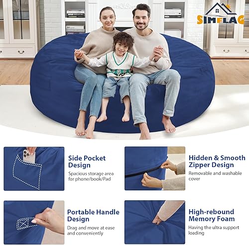 Miniatura 174 de Puf de 5 pies, puf grande con relleno de espuma viscoelástica, sofá puff esponjoso con funda de terciopelo holandés, puf redondo para sala de estar,