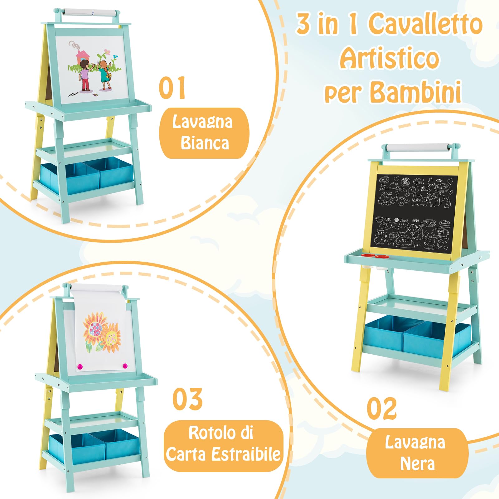 RELAX4LIFE 3 EN 1 Pizarra para Niños, Caballete Pintura de Doble Cara, Pizarra Magnética con Rollo de Papel, Juguete Educativo 3+ Años (Amarillo)