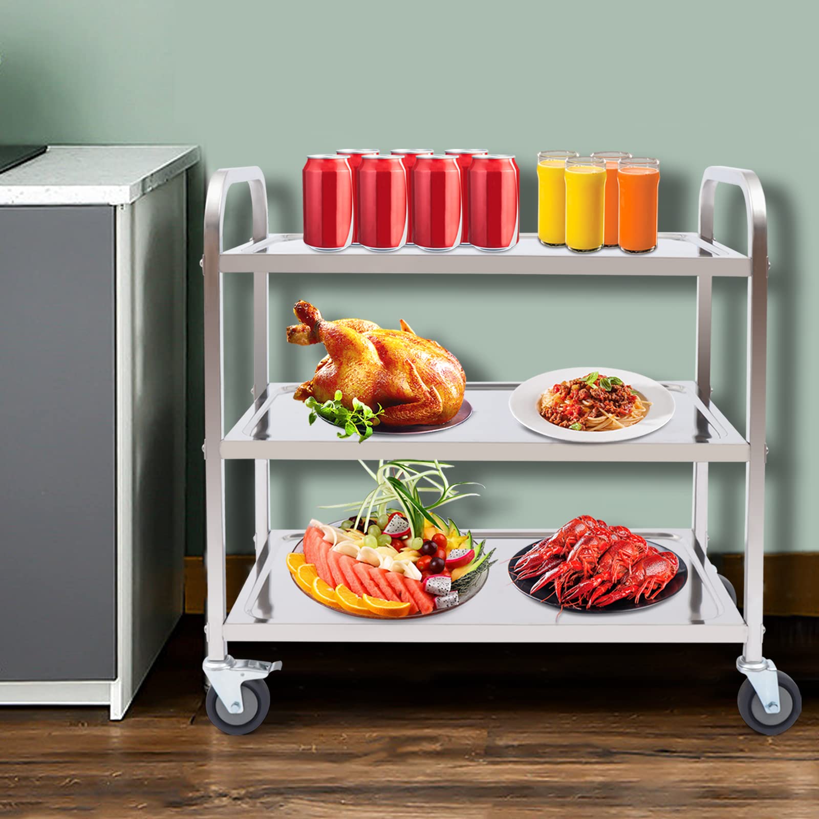 Carrello in acciaio inox a tre livelli con ripiani e ruote, carrello di servizio catering, stazione di lavoro della cucina, adatto per ristoranti, biblioteche, cucine e soggiorno