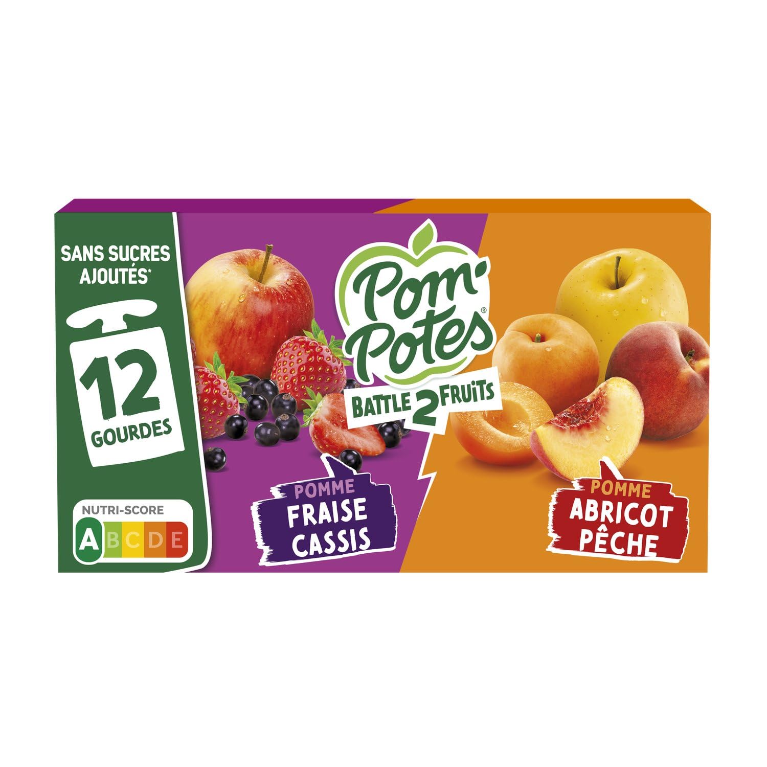 Pom'Potes - Compote Pomme Fraise Cassis et Pomme Abricot Pêche sans Sucres Ajoutés - les 12 gourdes de 90g - 1080g - Le Lot De 4