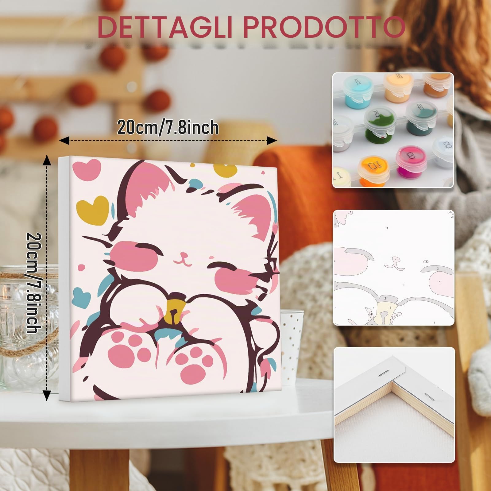 EOBROMD 4 Pezzi Dipingere con i Numeri Adulti Bambini Gatto, Cartoon Paint by Numbers Kits, Tela Senza Rughe con Pittura con i Numeri, Tra Cui Cornice in Legno, Decorazione Domestica 20x20cm