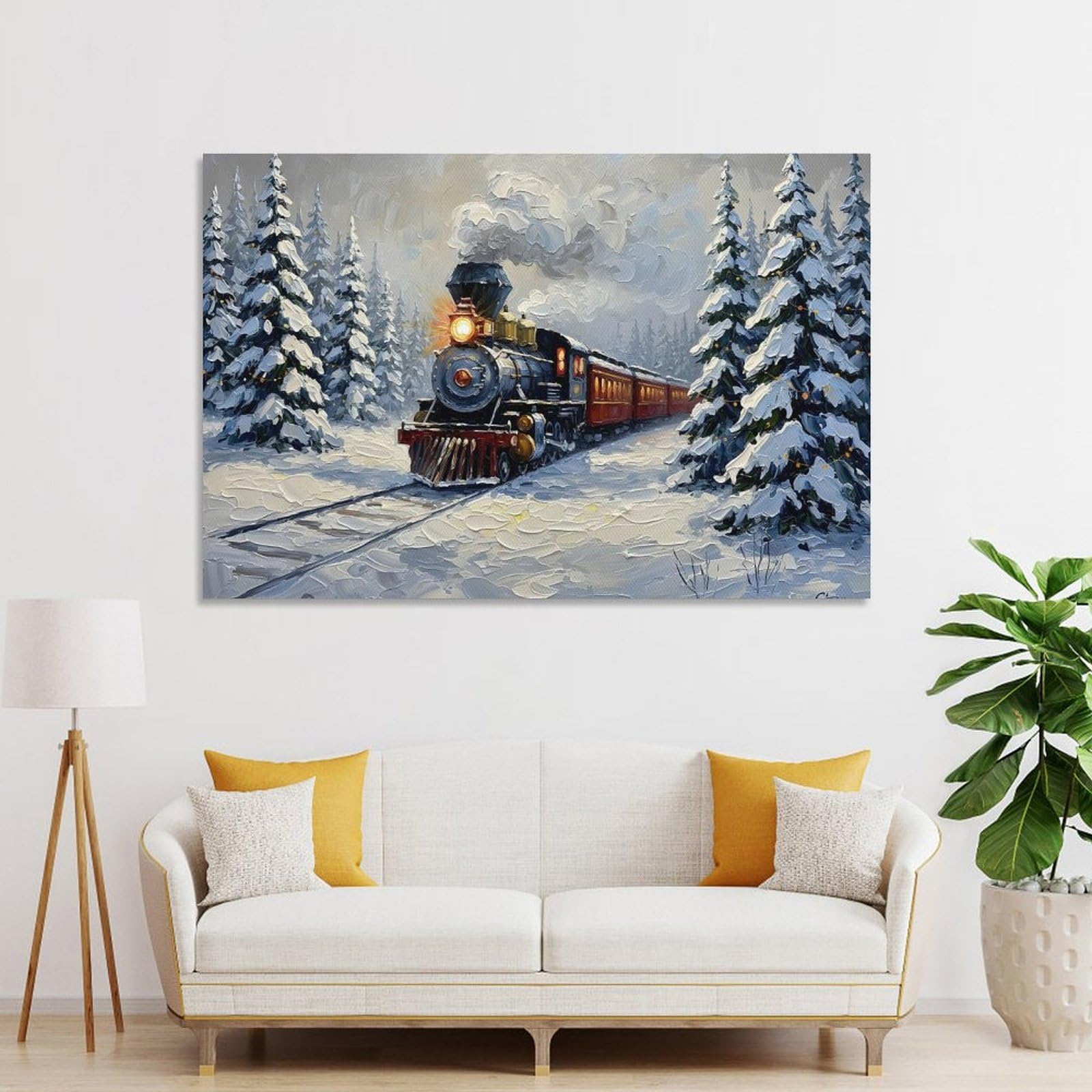 Junmoney Unframe-Style-12-1 Winter Train Through Snowy Forest Painting Room Decor Wall Art 20X30inch(50X75cm), For Entrance Walls, Hall Decor Or Foyers, A Neat Decor Update For Hallways